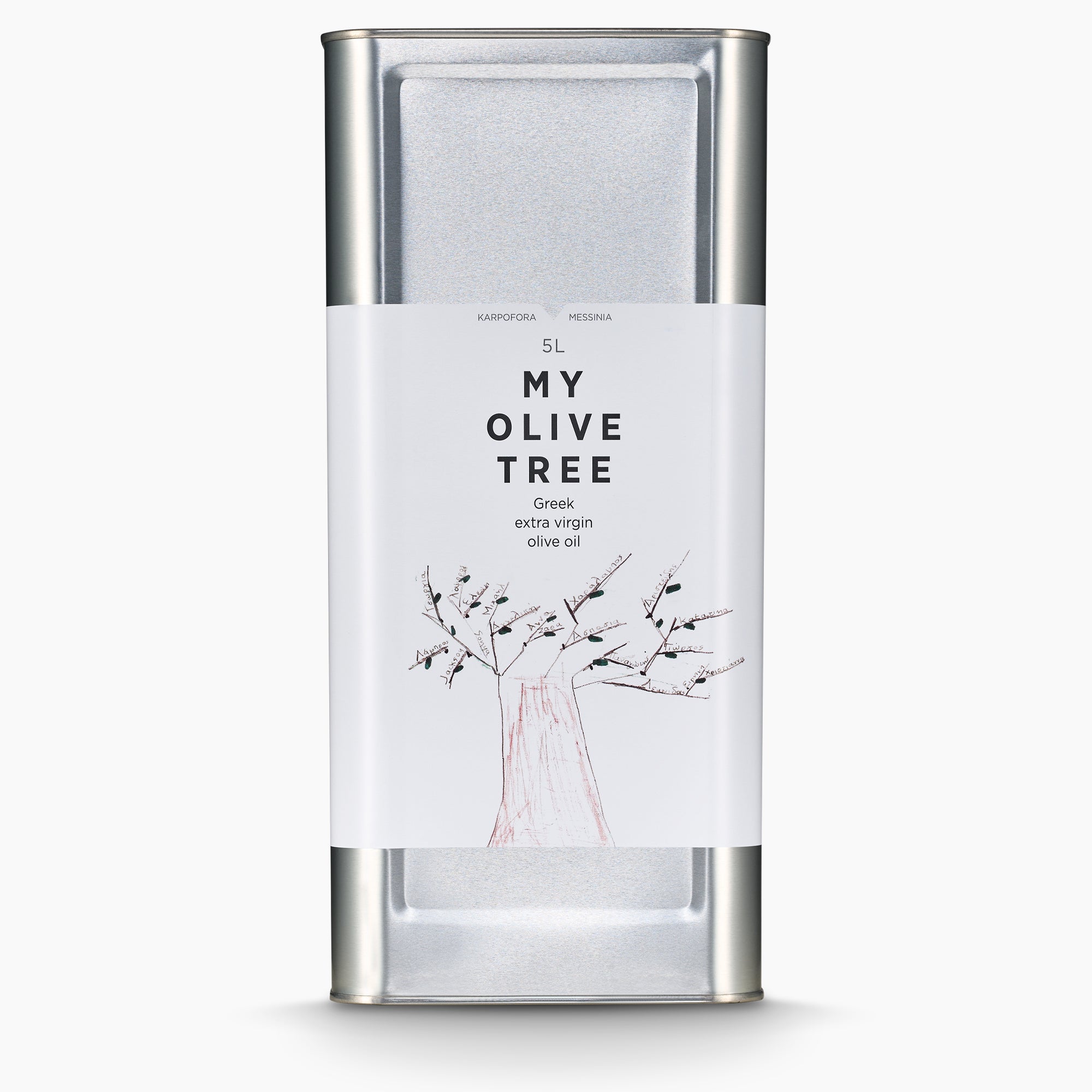 A 5L Tin of My Olive Tree extra virgin olive oil from Peloponnese, Greece.