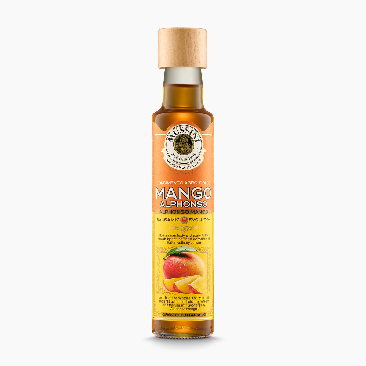 Mussini Balsamic R-Evolution Alphonso Mango Condiment in 250 ml bottle.