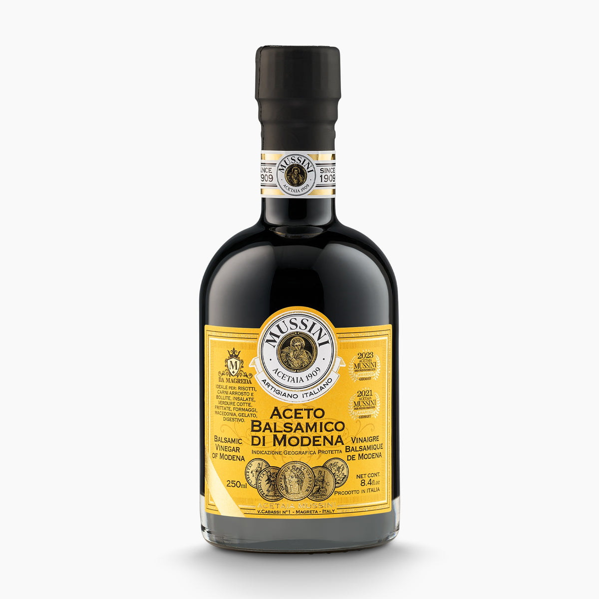 Mussini PGI Balsamic Vinegar of Modena 5 Gold Medals in a 250ml glass bottle.