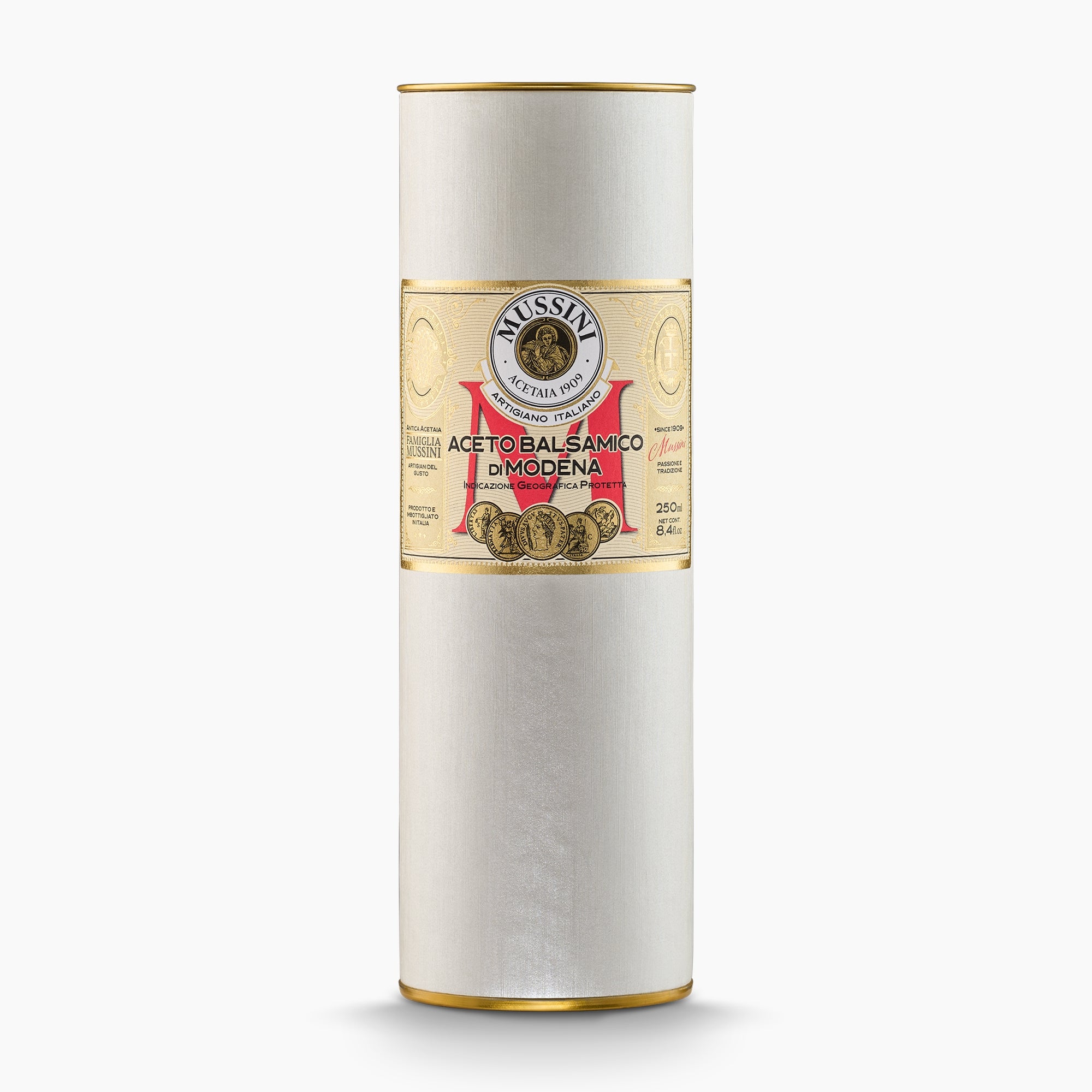 Gift tube for the 250 ml bottle of Mussini Belle Epoque 5 Medal Balsamic Vinegar of Modena IGP.