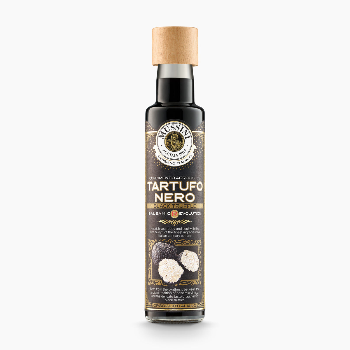250 ml bottle of Mussini Balsamic R-Evolution Black Truffle Condiment.