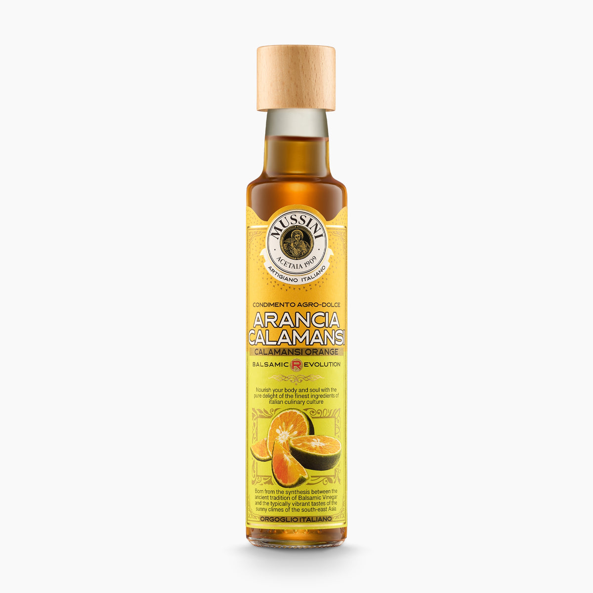 Mussini Balsamic R-Evolution Calamansi Orange Condiment in 250 ml bottle.
