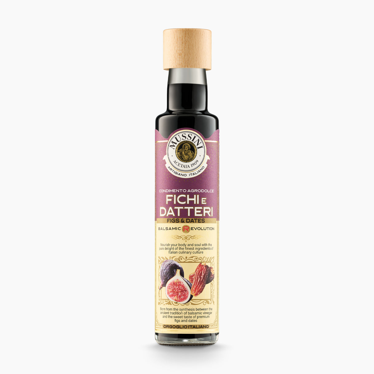 250 ml bottle of Mussini Balsamic R-Evolution Figs & Dates Condiment.