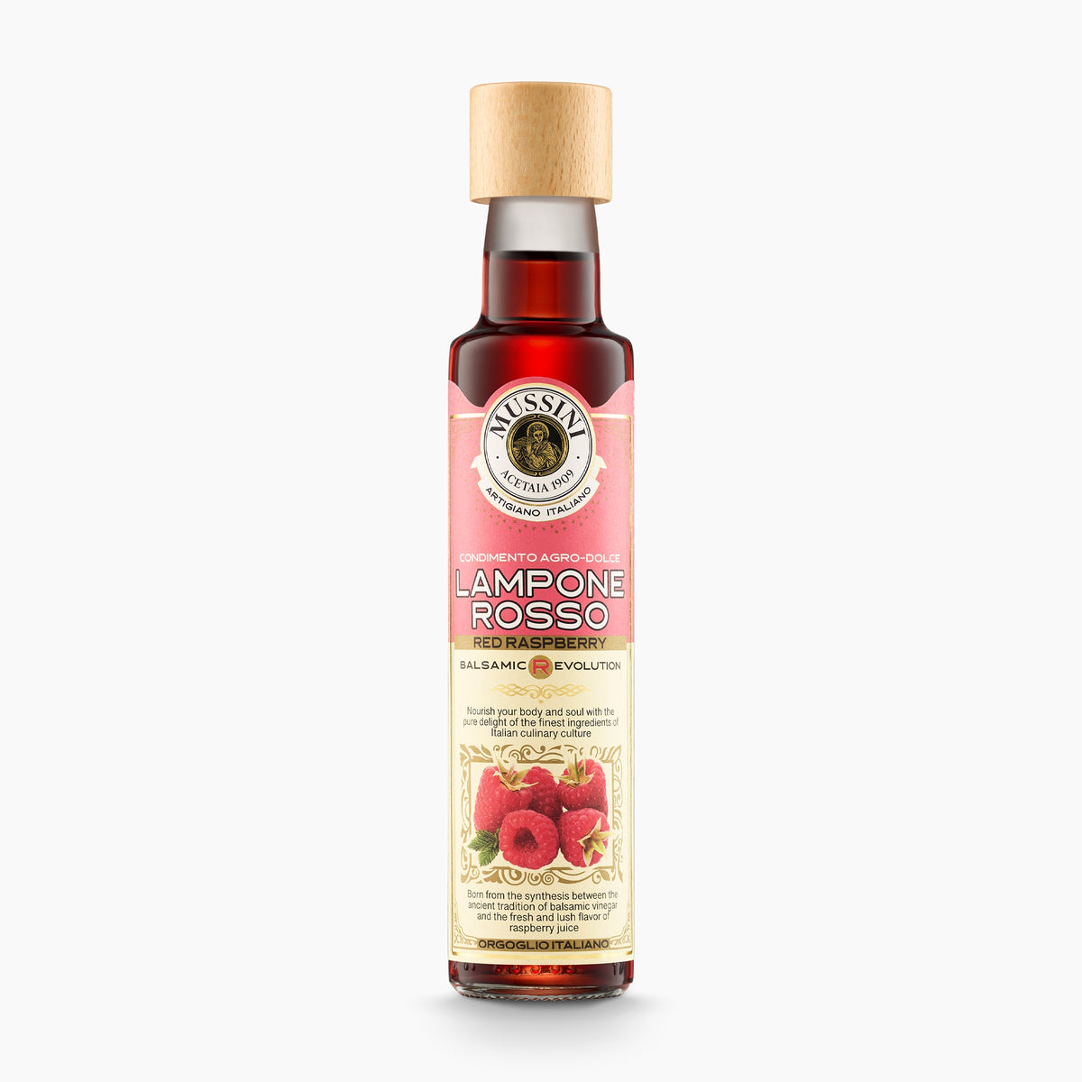 250 ml bottle of Mussini Balsamic R-Evolution Red Raspberry Condiment.