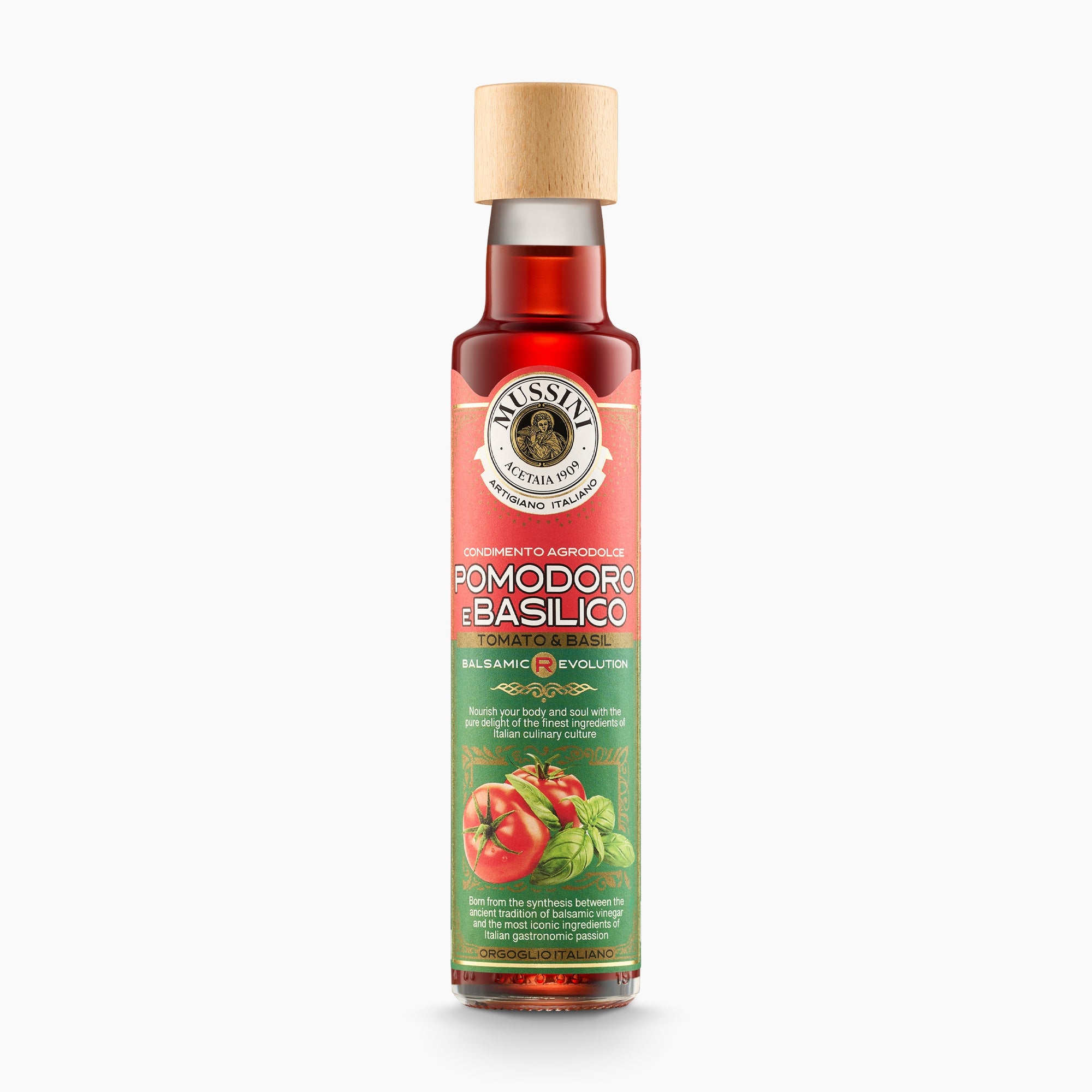 250 ml bottle of Mussini Balsamic R-Evolution Tomato & Basil Condiment.