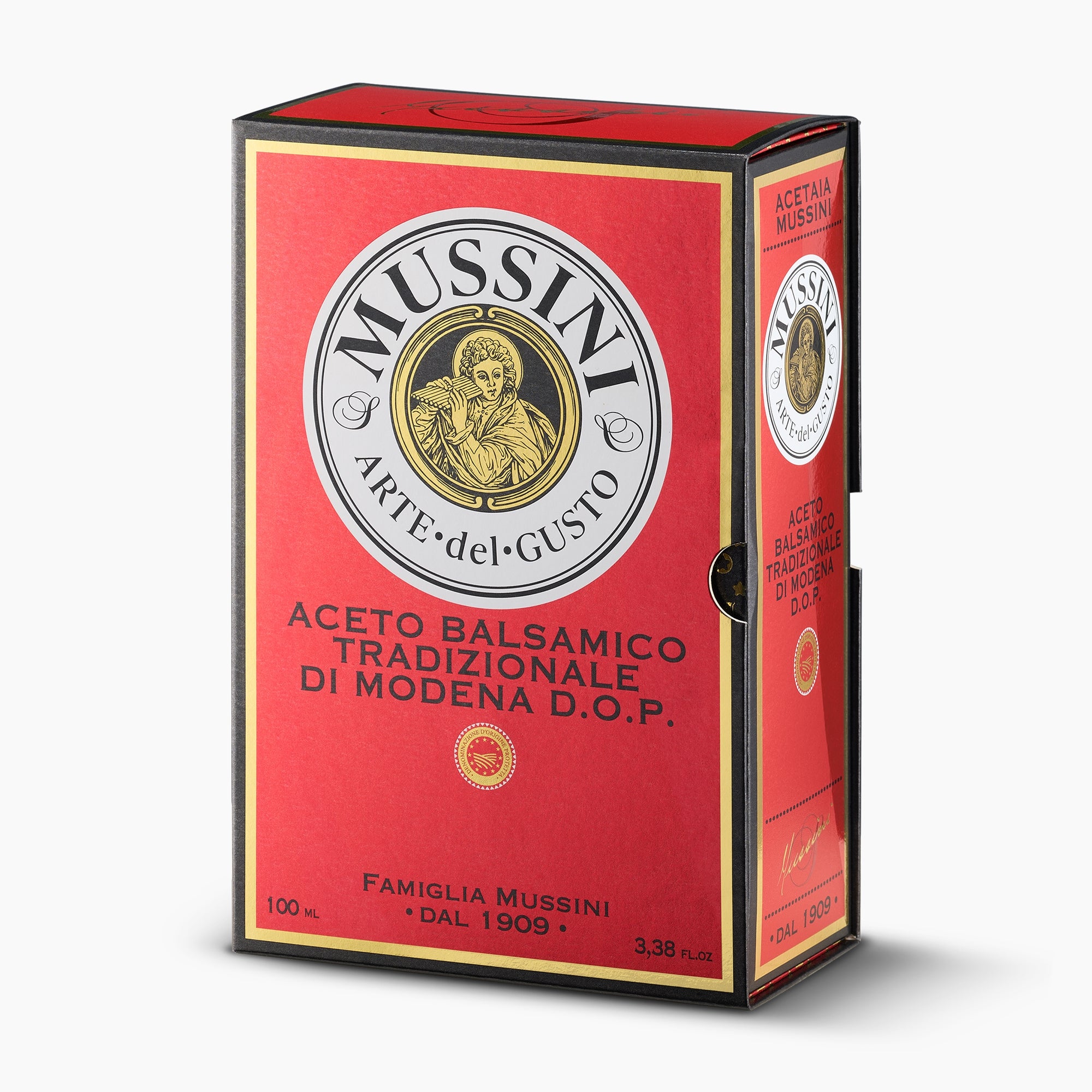 Angled view of Mussini's gift box for 12-year Traditional Balsamic Vinegar of Modena DOP.