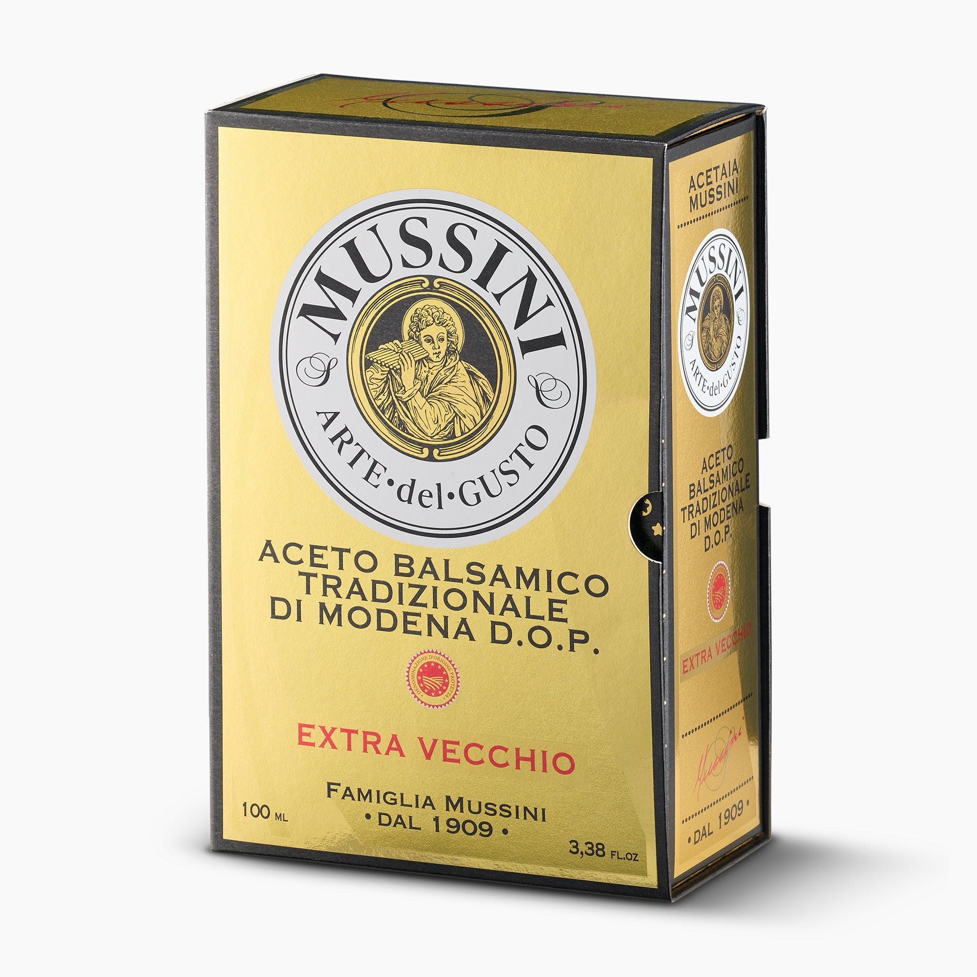 Angled view of Mussini's gift box for 25-year Traditional Balsamic Vinegar of Modena DOP.