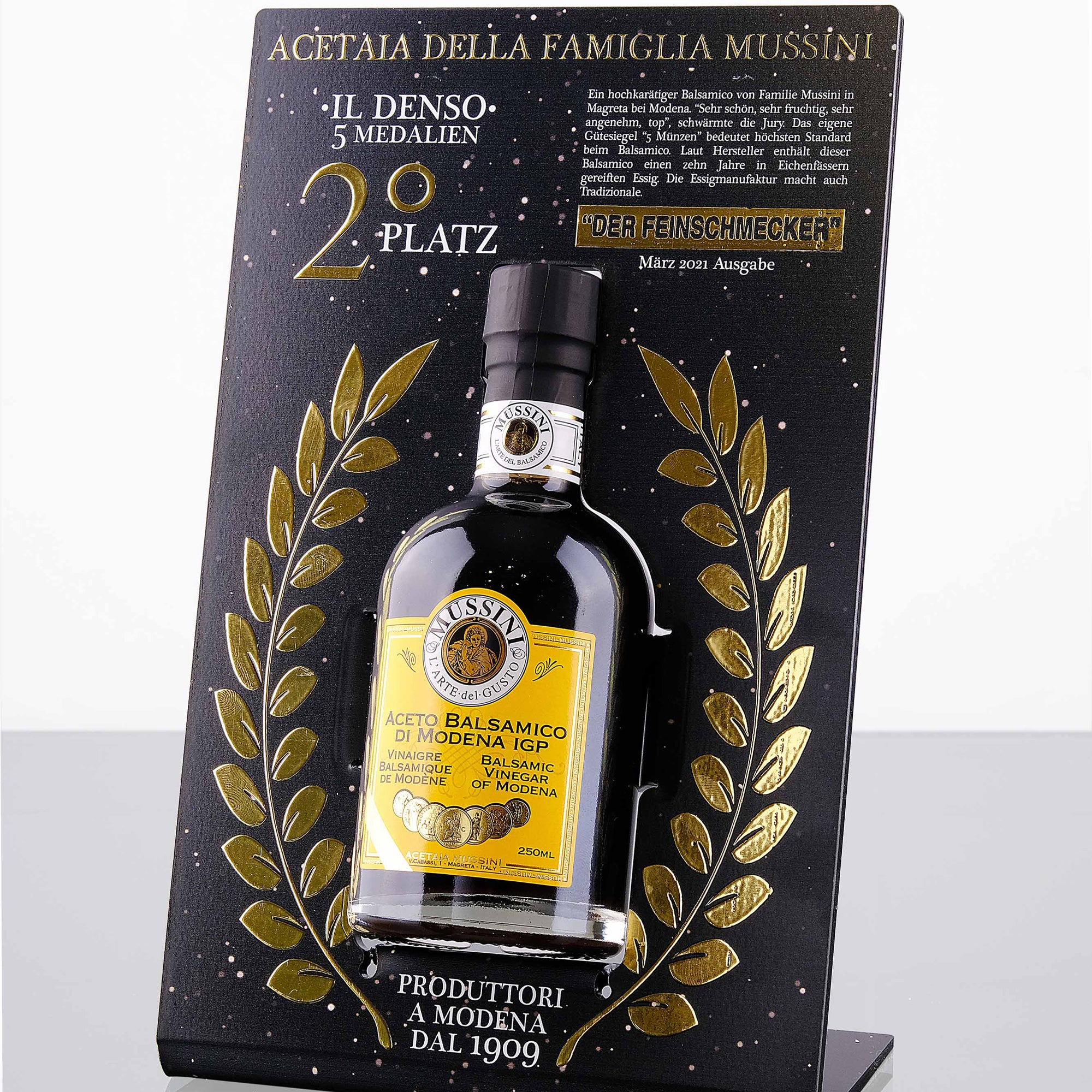 Mussini PGI Balsamic Vinegar of Modena bottle with an award sign.