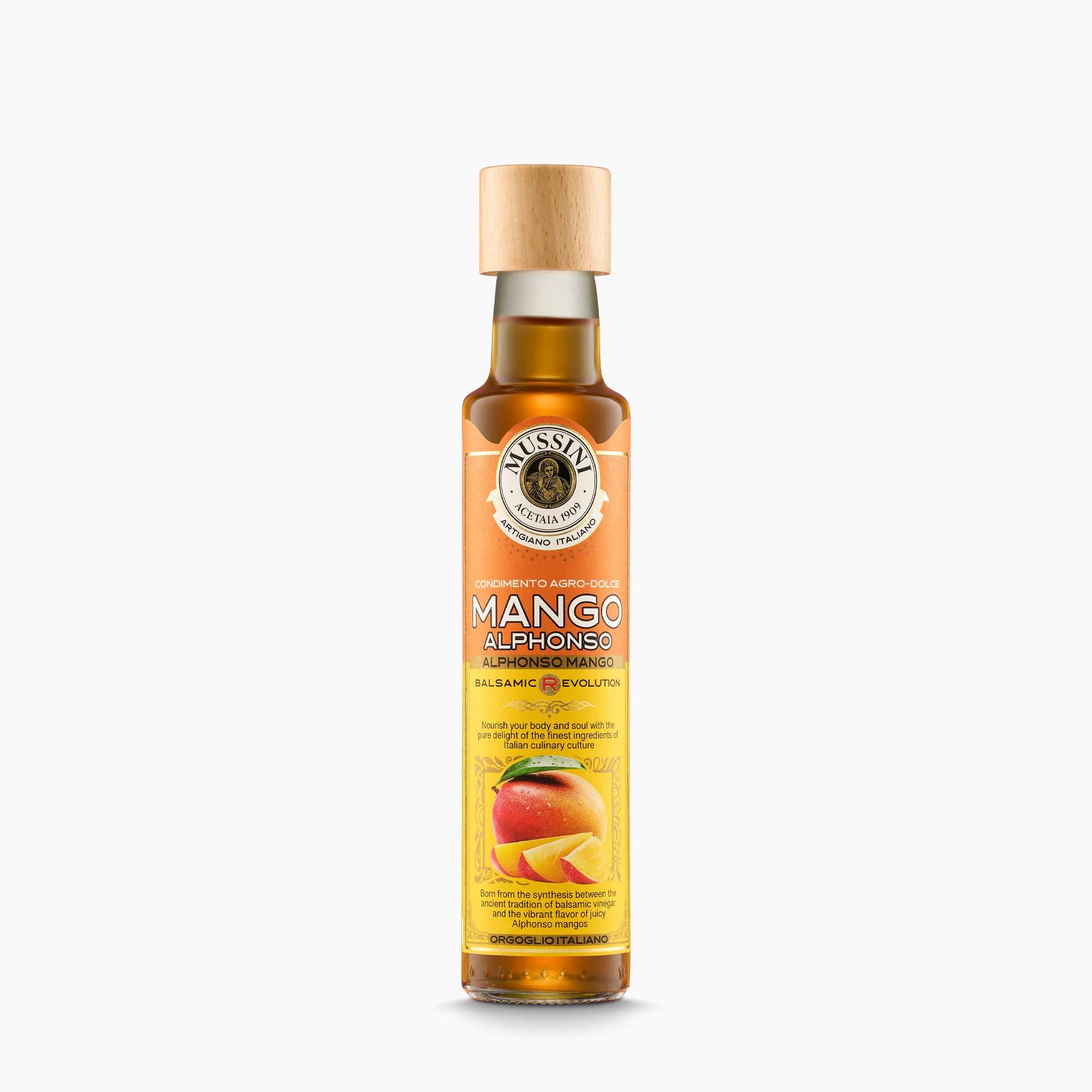 Mussini Balsamic R-Evolution Alphonso Mango Condiment in 250 ml bottle.