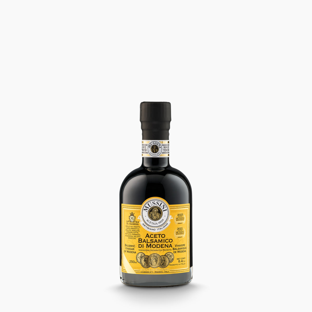 Mussini PGI Balsamic Vinegar of Modena 5 Gold Medals in a 250ml glass bottle.