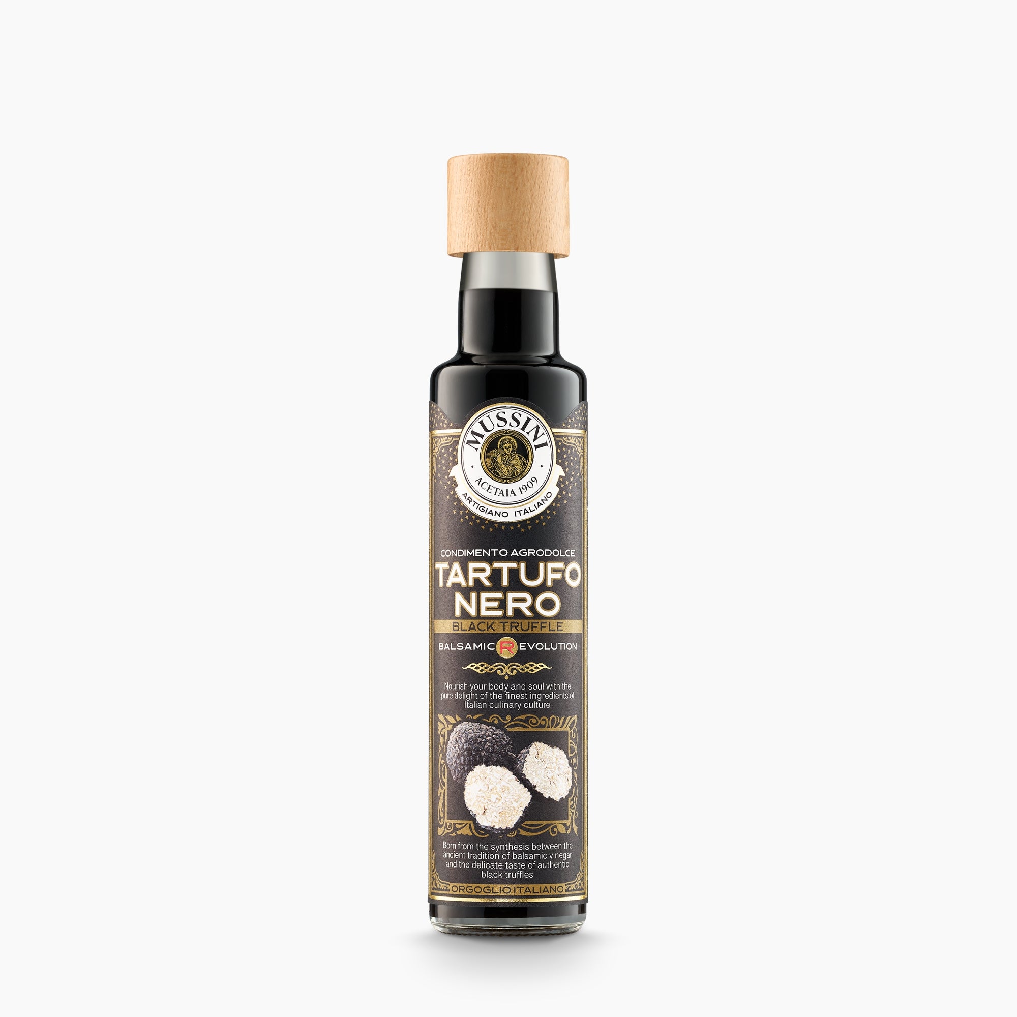 250 ml bottle of Mussini Balsamic R-Evolution Black Truffle Condiment.