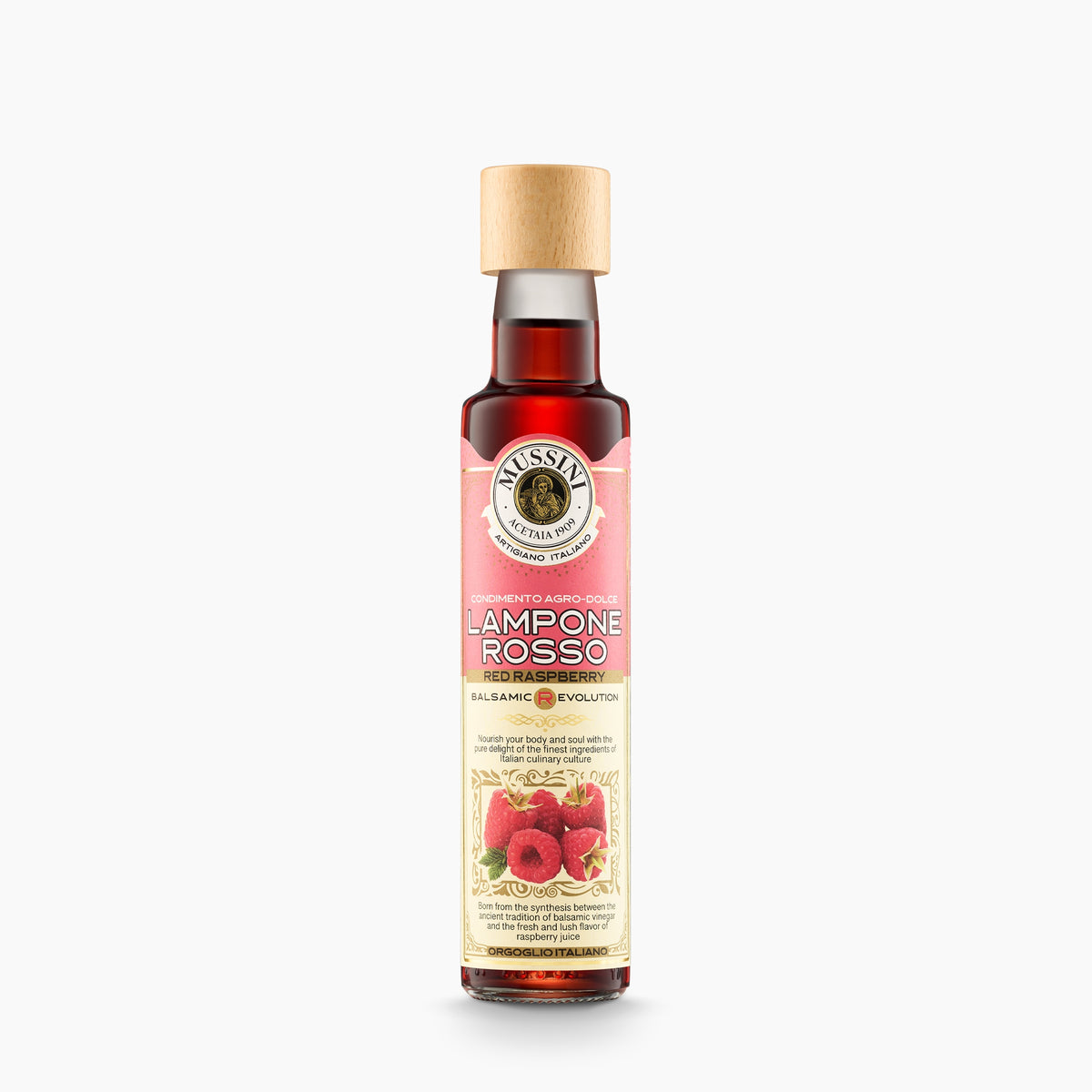 250 ml bottle of Mussini Balsamic R-Evolution Red Raspberry Condiment.