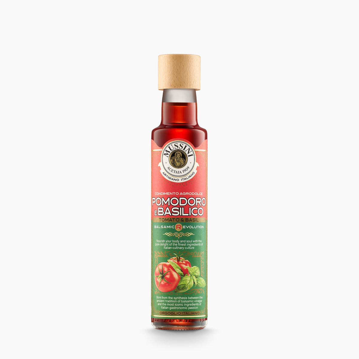250 ml bottle of Mussini Balsamic R-Evolution Tomato & Basil Condiment.