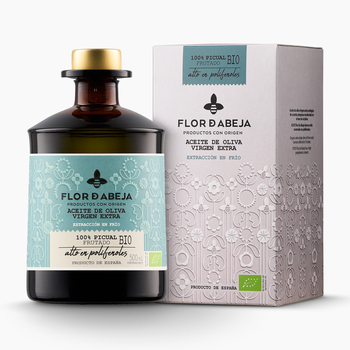 500 ml bottle of Nobleza del Sur Flor de Abeja Organic Picual with its gift box.