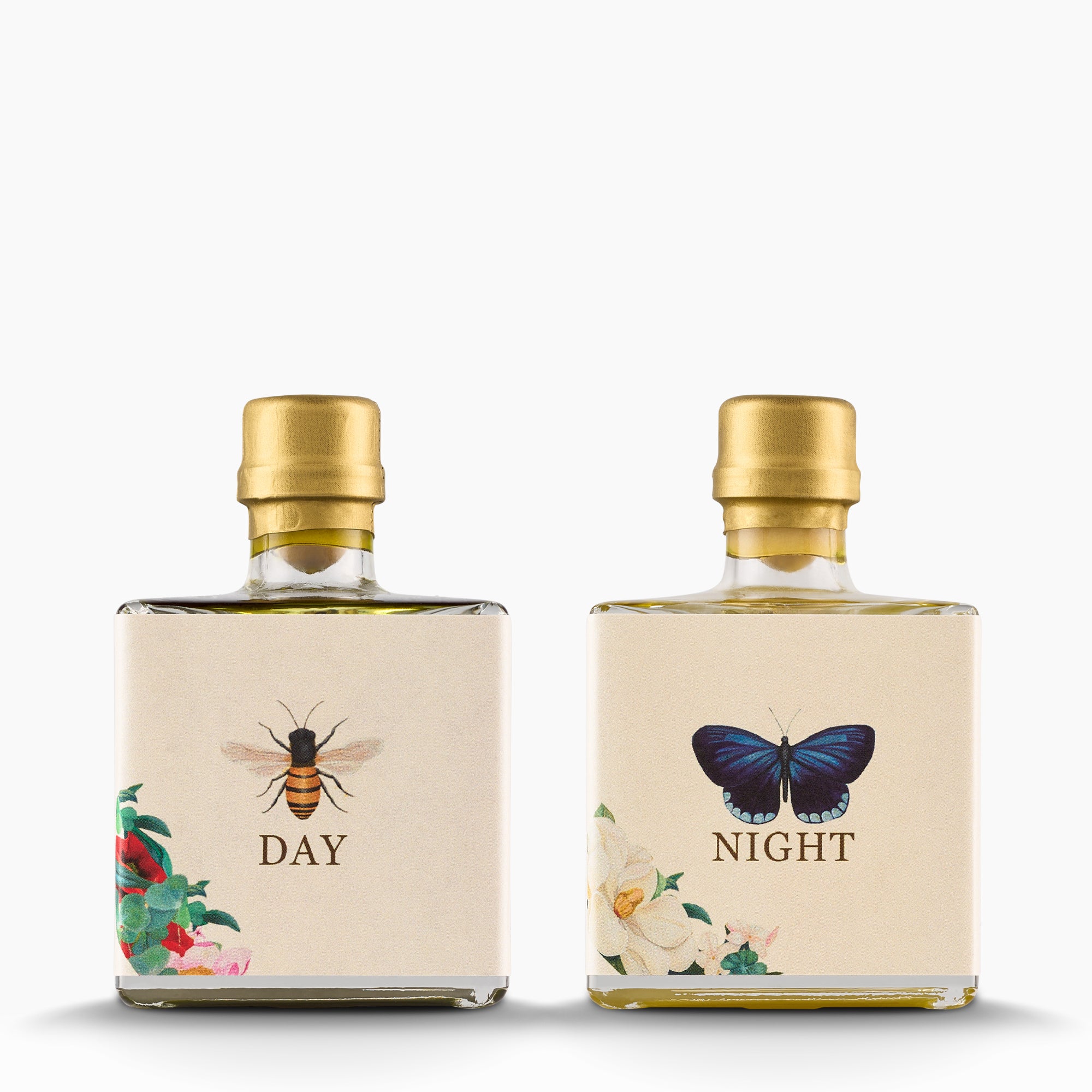Two 100 ml bottles of Nobleza del Sur Organic extra virgin olive oil; Day, and Night.