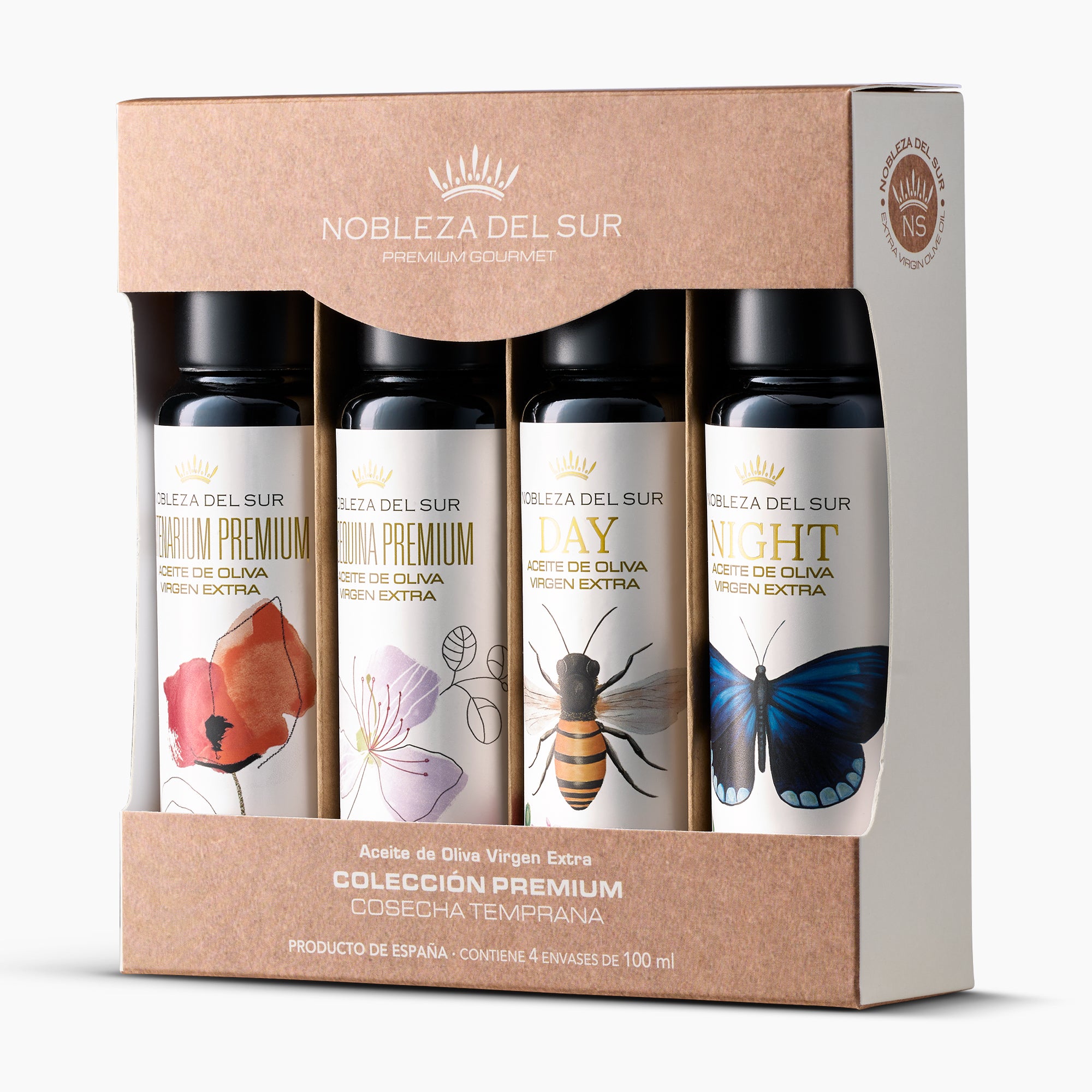 Nobleza del Sur Premium Gourmet Sampler Gift Set with four 100 ml olive oils from Andalusia, Spain.