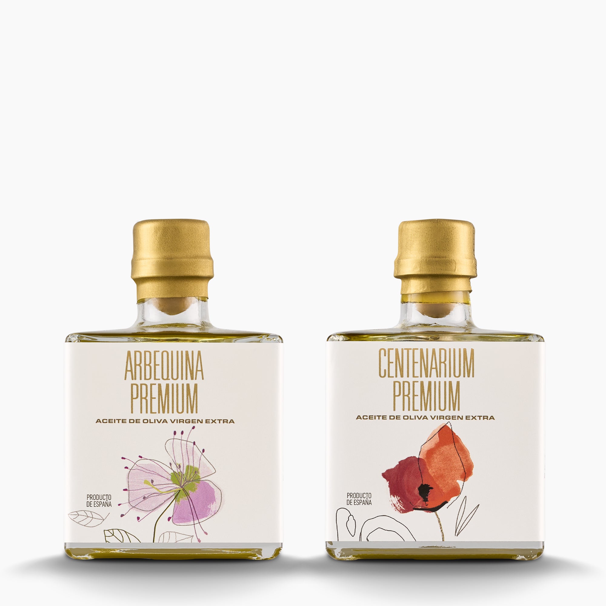 Nobleza del Sur Premium Mini Duo set with two 100 ml olive oil bottles; Arbequina, and Centenarium.