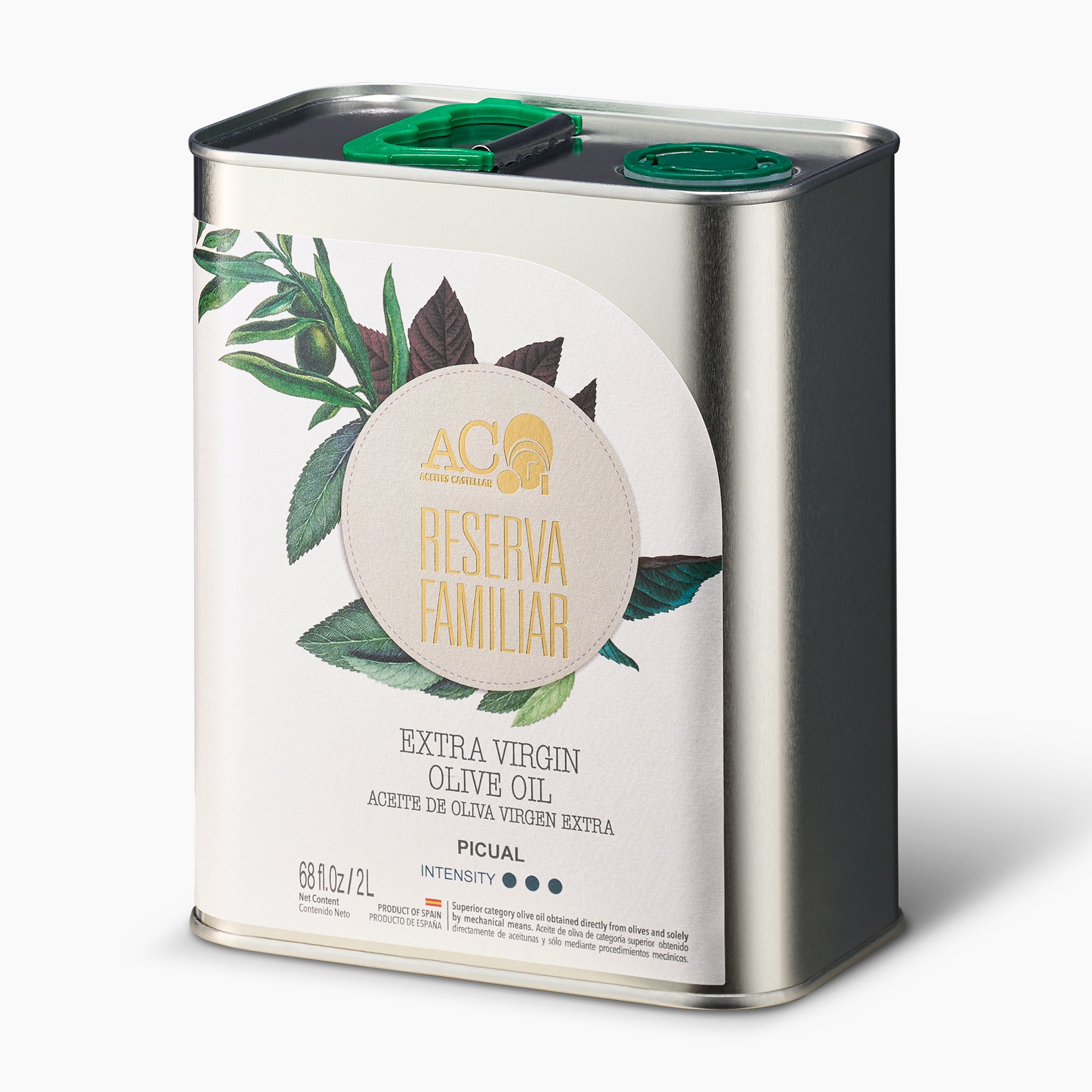 Angled view of Nobleza Del Sur Aceites Castellar Reserva Familiar Picual 2L Tin.