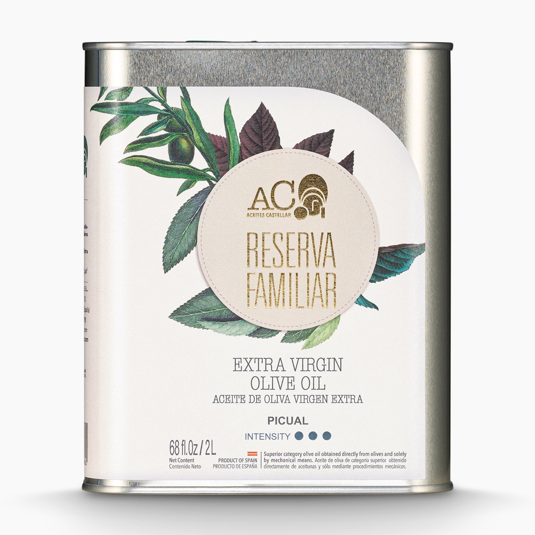 A 2L Tin of Nobleza Del Sur Aceites Castellar Reserva Familiar Picual extra virgin olive oil.