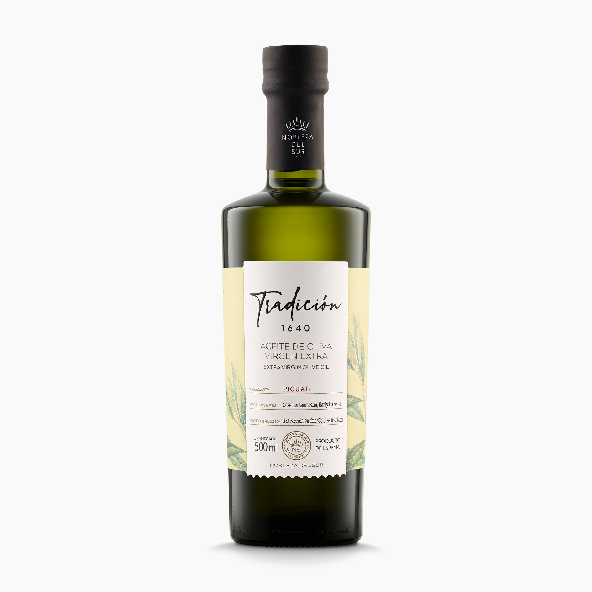 A 500 ml bottle of Nobleza del Sur Tradicion 1640 Picual extra virgin olive oil.