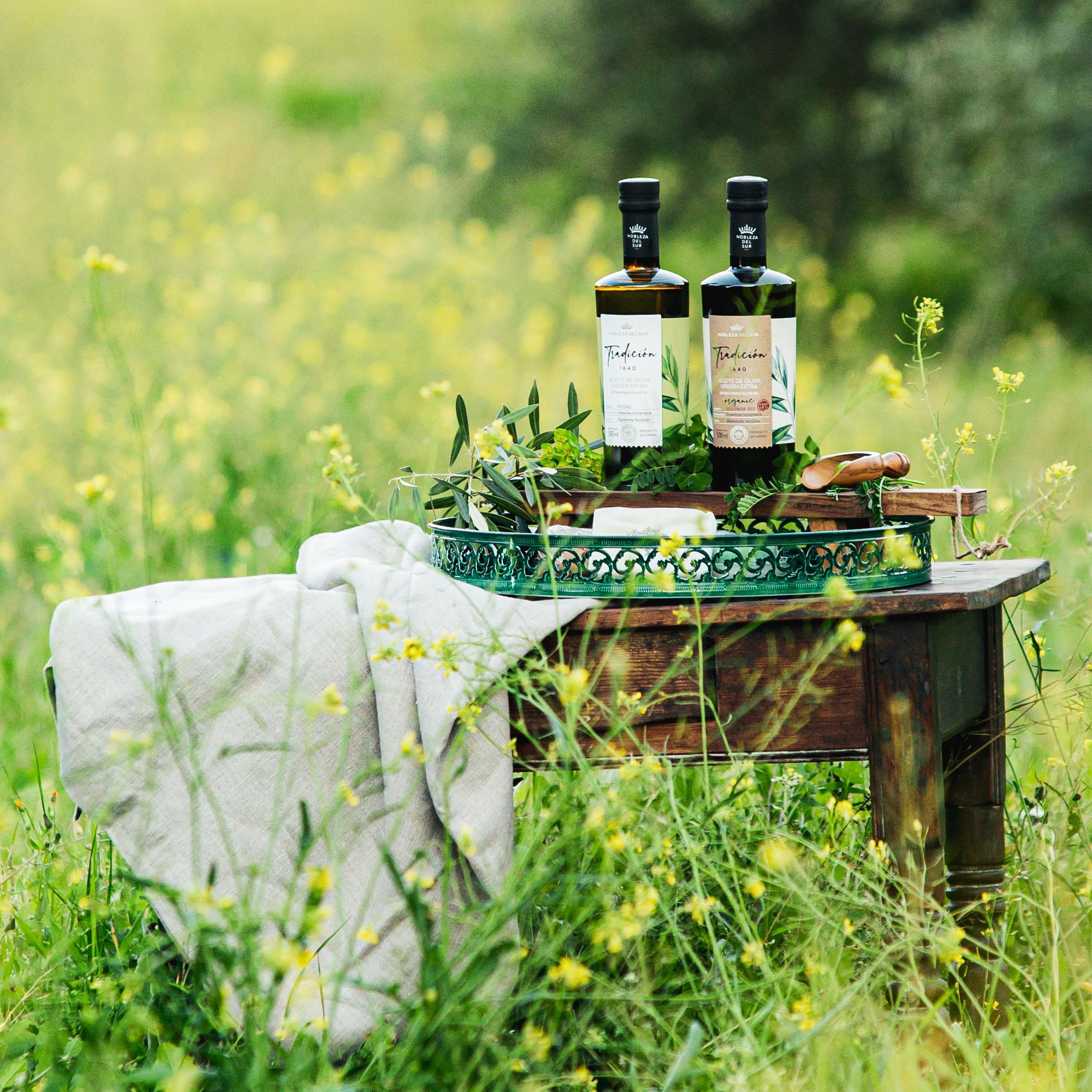 Nobleza del Sur Tradición 1640 bottles on a rustic table in an Andalusian meadow.