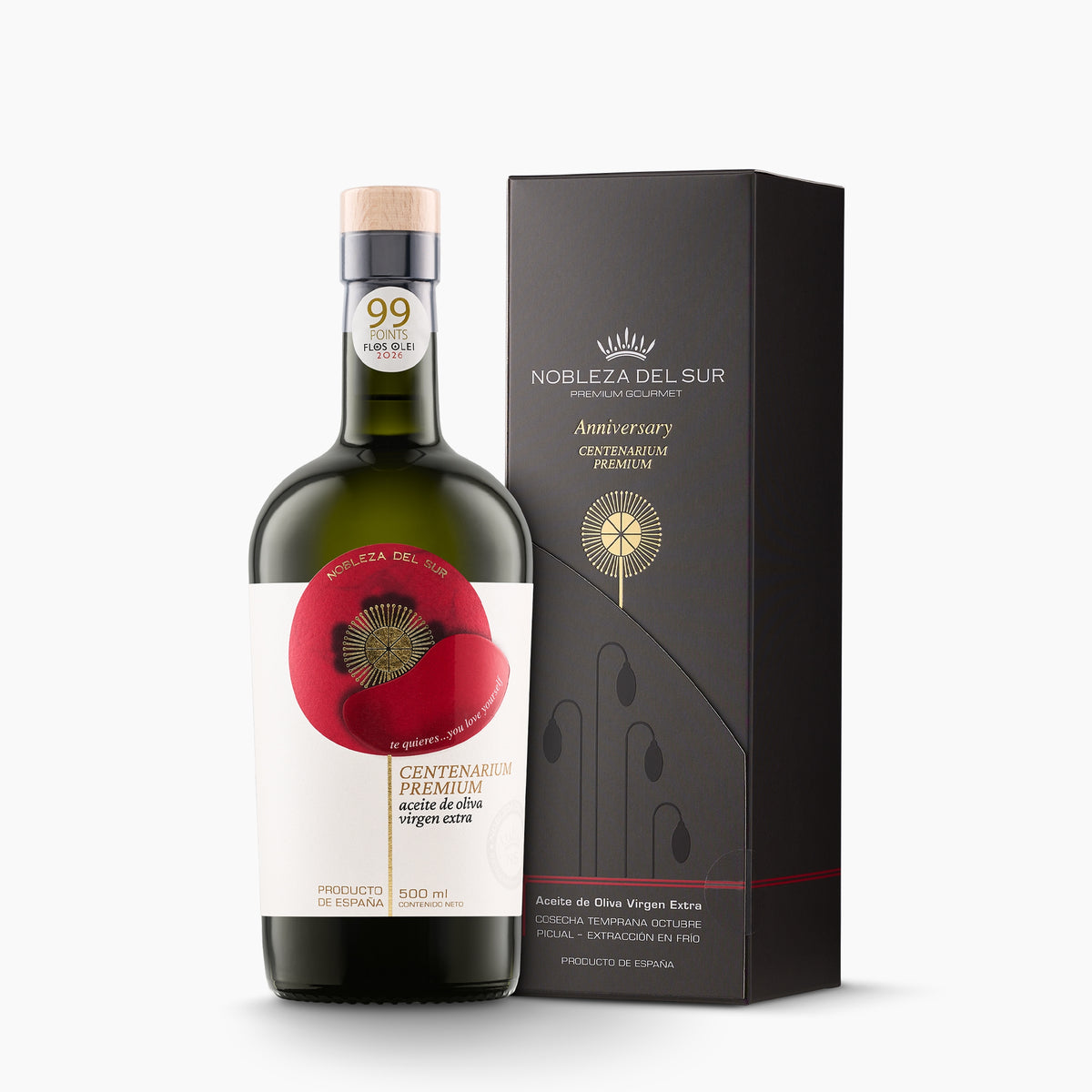 A 500 ml bottle of Nobleza del Sur Centenarium Premium Anniversary Edition and its gift box.