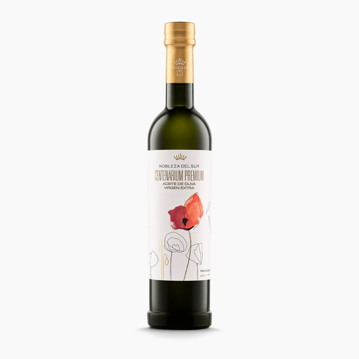 A 500 ml bottle of Nobleza del Sur Centenarium Premium extra virgin olive oil.