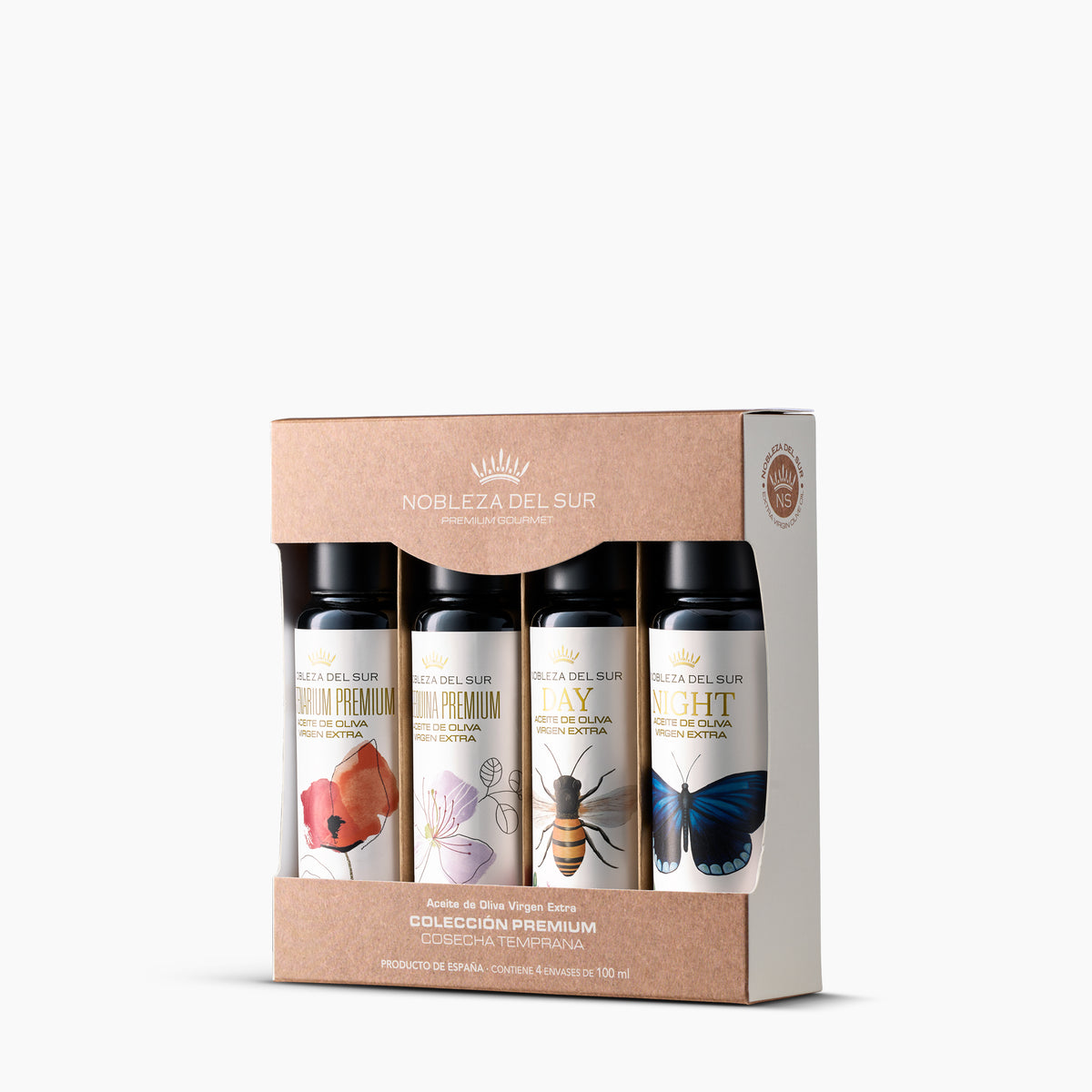 Nobleza del Sur Premium Gourmet Sampler Gift Set with four 100 ml olive oils from Andalusia, Spain.