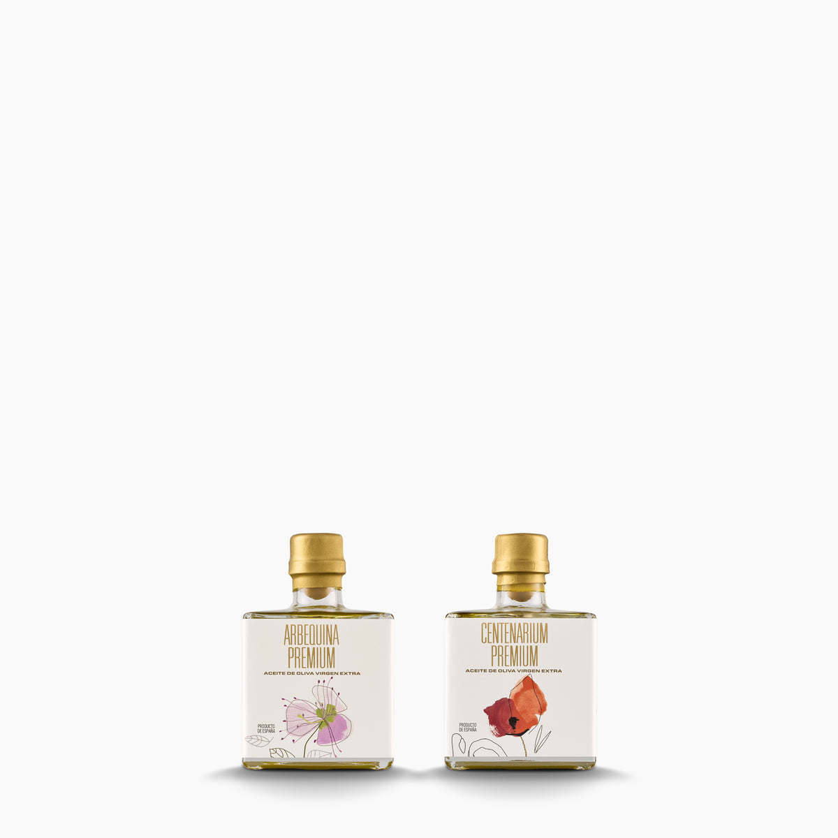 Nobleza del Sur Premium Mini Duo set with two 100 ml olive oil bottles; Arbequina, and Centenarium.