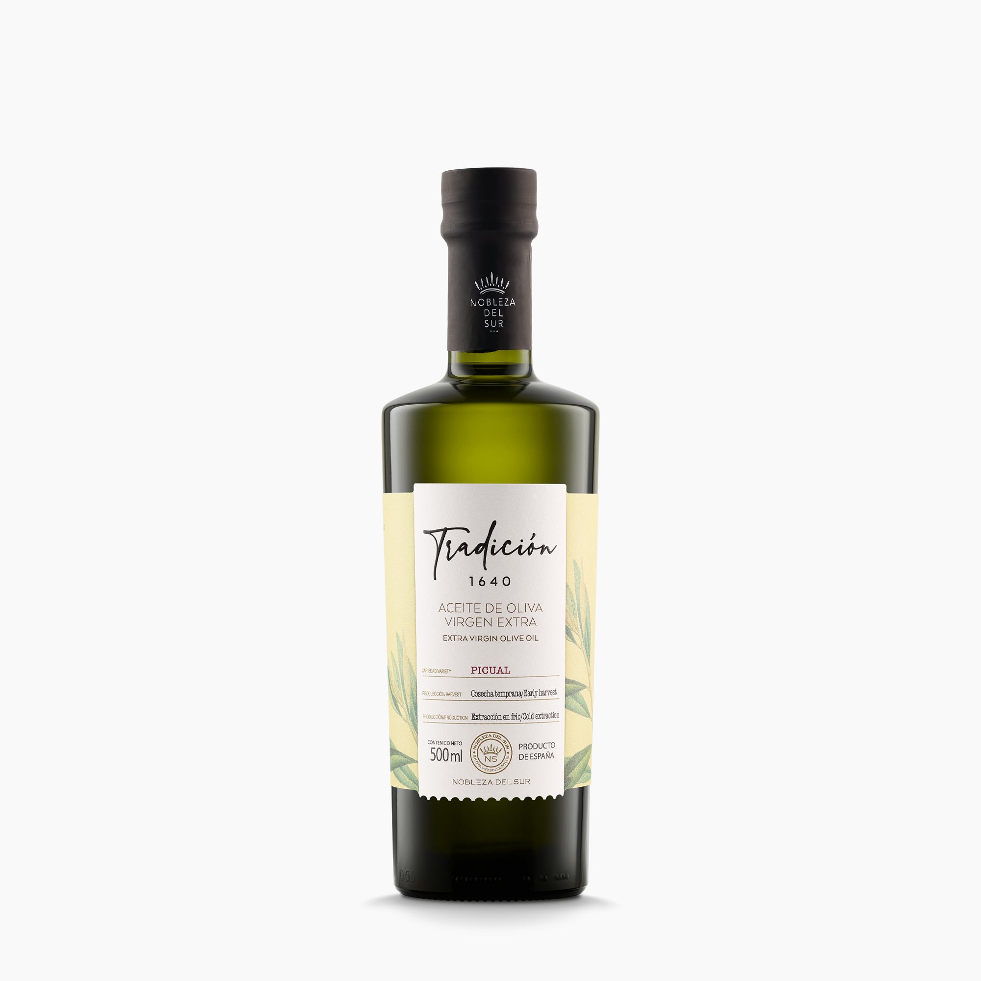 A 500 ml bottle of Nobleza del Sur Tradicion 1640 Picual extra virgin olive oil.