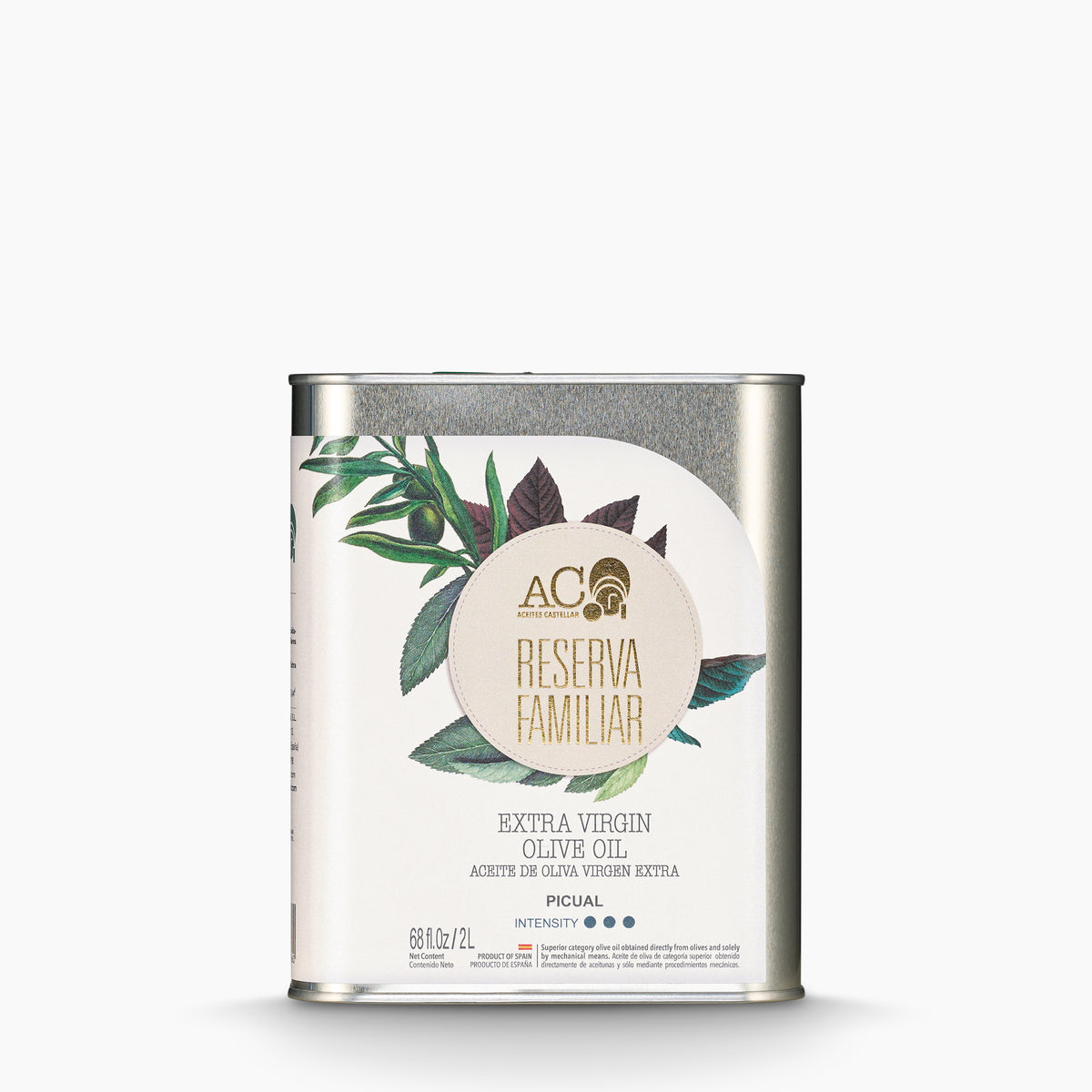 A 2L Tin of Nobleza Del Sur Aceites Castellar Reserva Familiar Picual extra virgin olive oil.