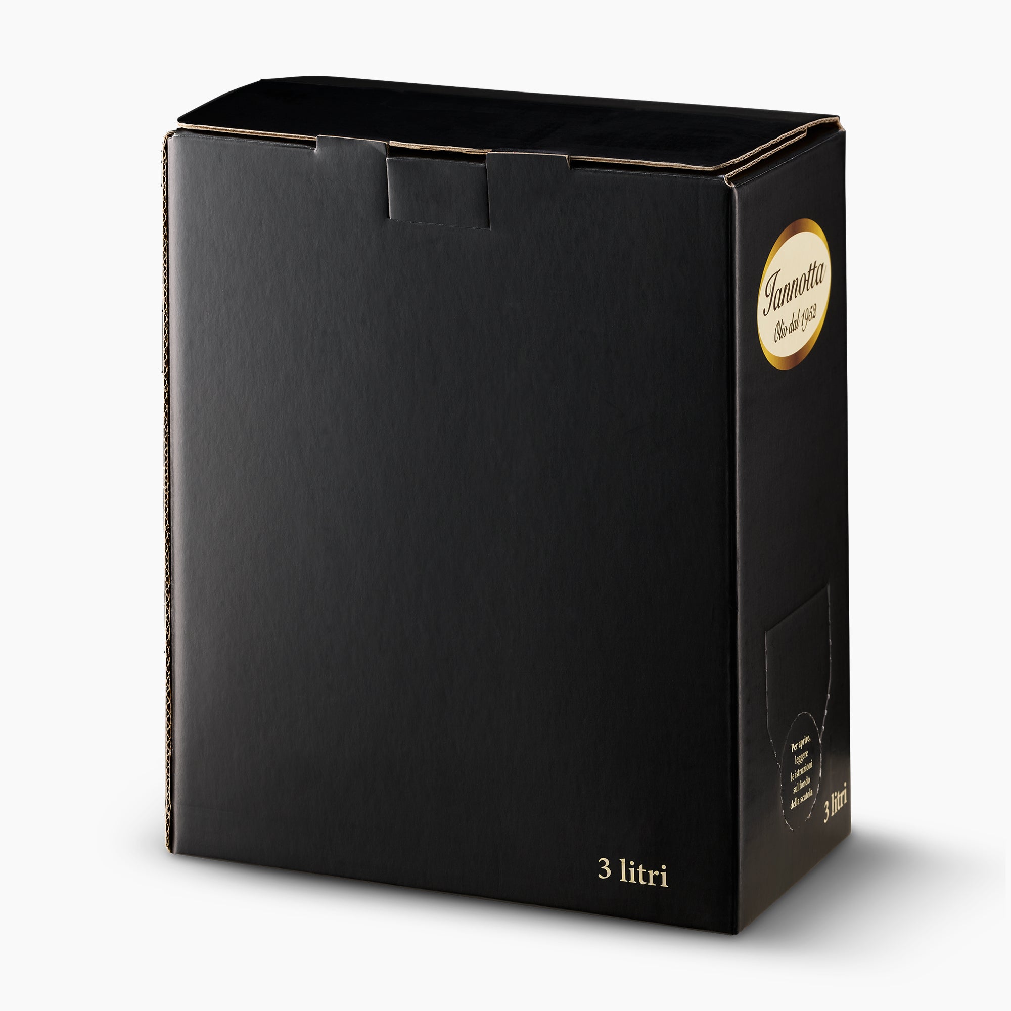 Angled view of Iannotta 3L Bag-in-Box extra virgin olive oil from Italy.