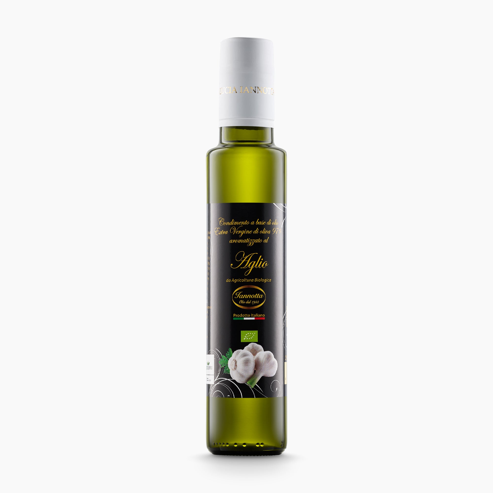 250 ml bottle of Iannotta Organic Garlic Flavored extra virgin olive oil from Lazio, Italy.