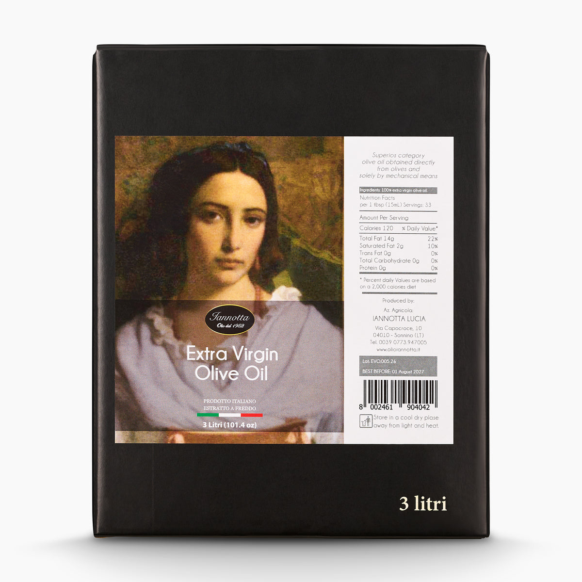 A 3L Bag-in-Box of Iannotta Extra Virgin Olive Oil from Lazio, Italy.