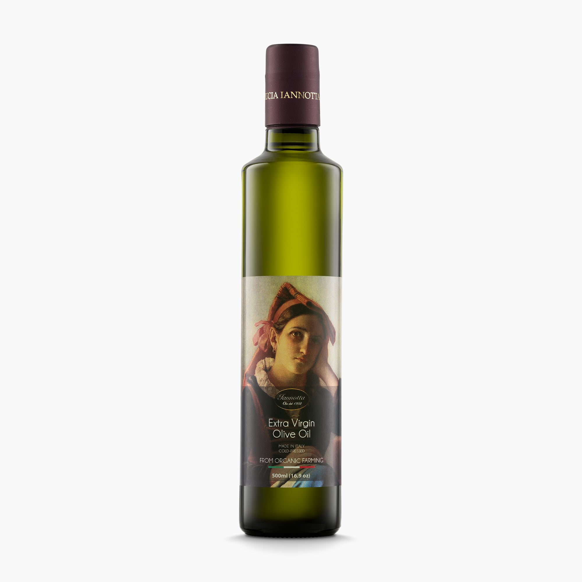 A 500 ml bottle of Iannotta Organic extra virgin olive oil from Lazio, Italy.