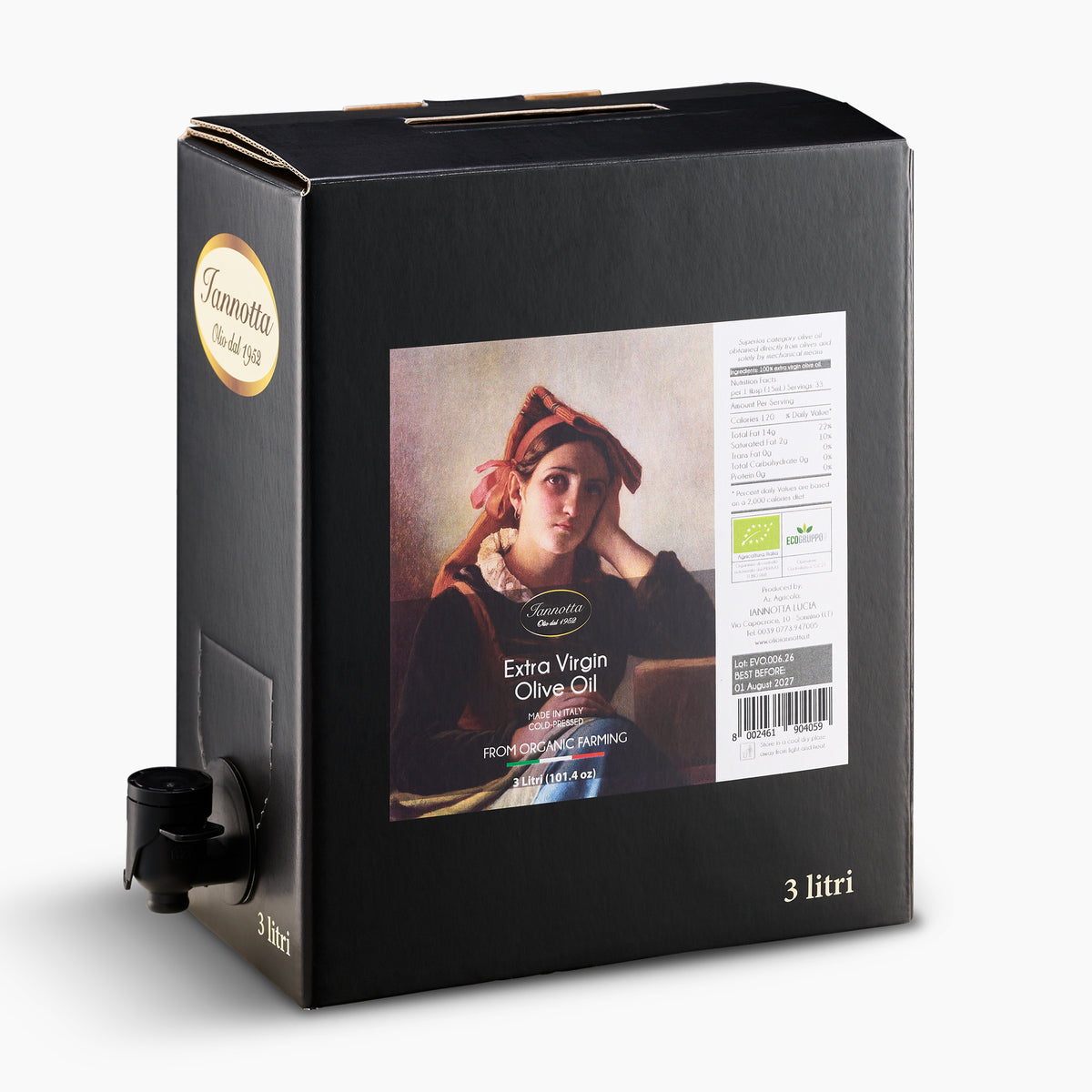 Iannotta Organic 3L Bag-in-Box extra virgin olive oil from Italy with dispensing spout extended.