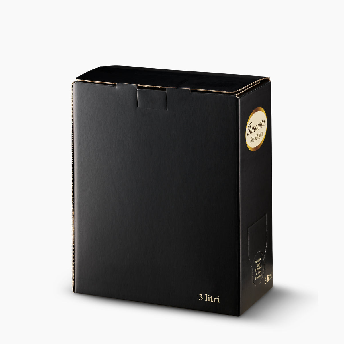 Angled view of Iannotta 3L Bag-in-Box extra virgin olive oil from Italy.