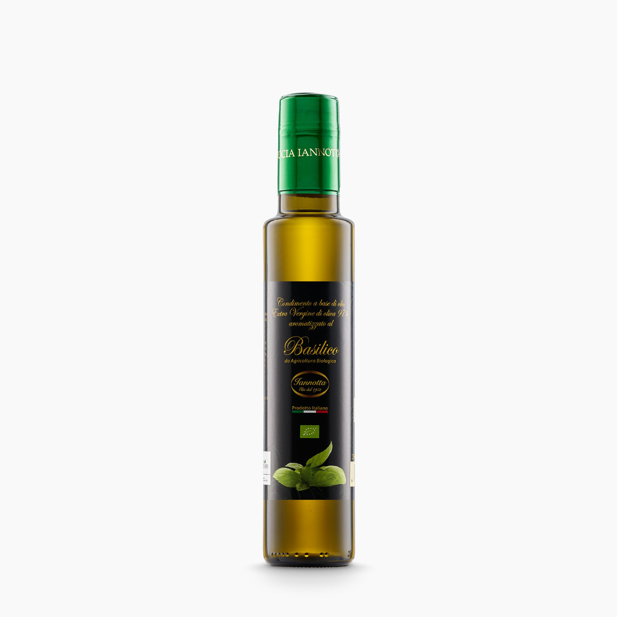 250 ml bottle of Iannotta Organic Basil Flavored extra virgin olive oil.