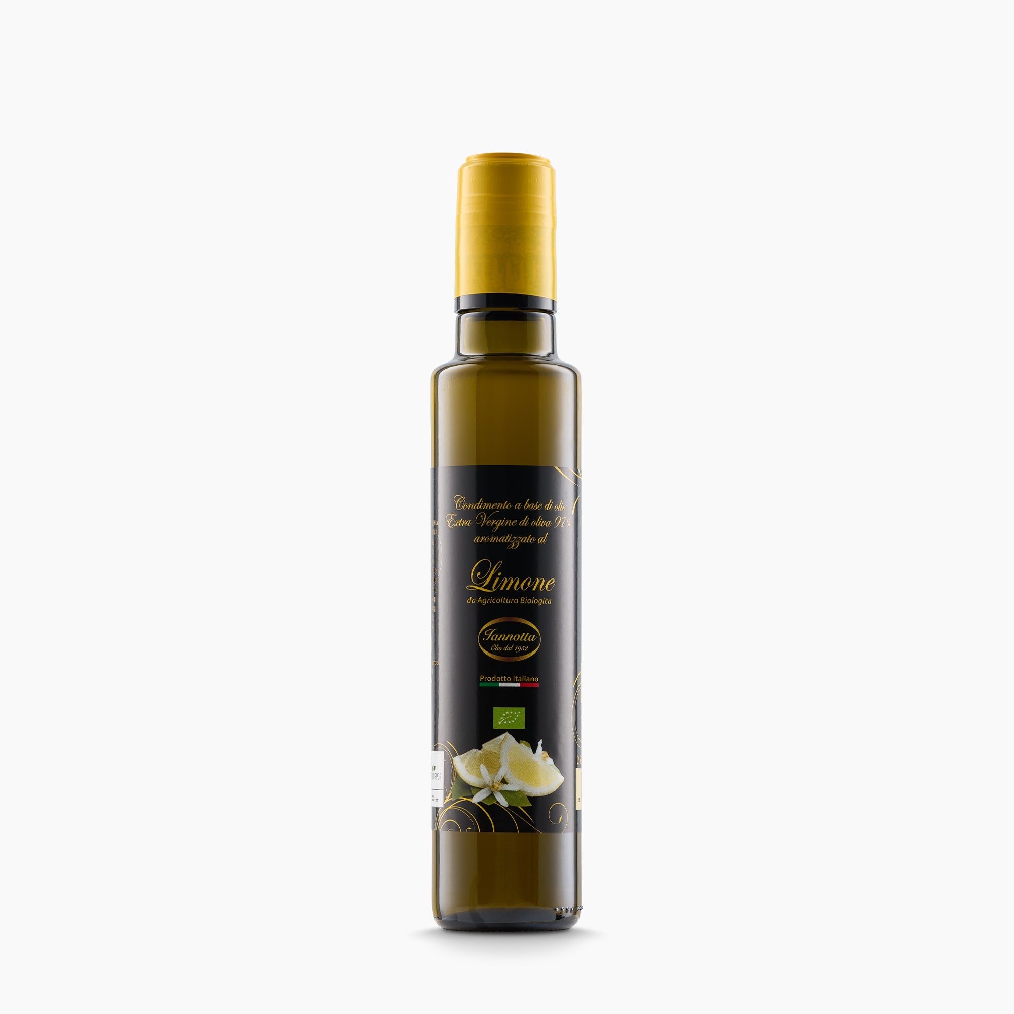 250 ml bottle of Iannotta Organic Lemon Flavored extra virgin olive oil.