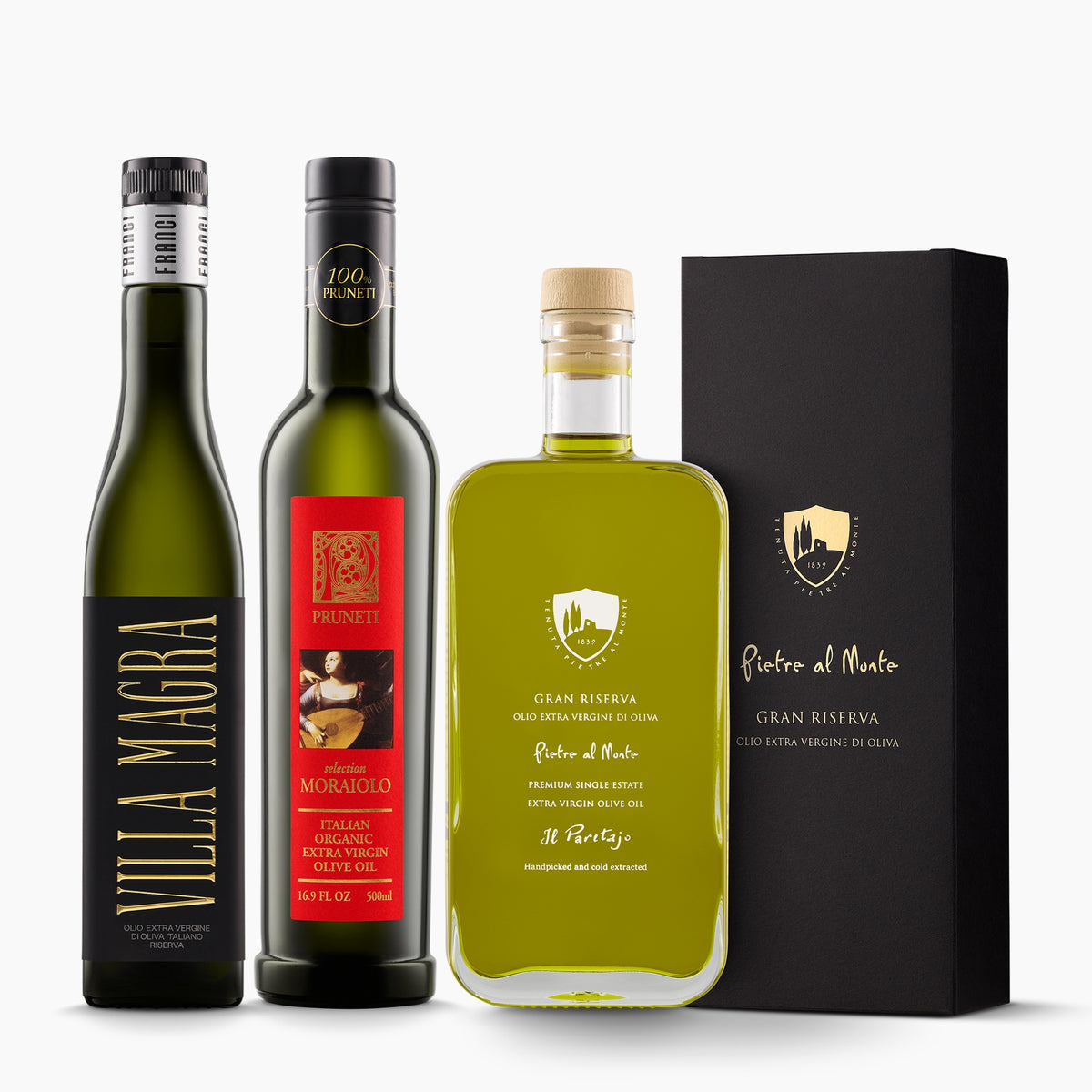 Three 500 ml bottles from Tuscany; Franci Villa Magra, Pruneti Moraiolo Biologico, and Pietre al Monte Gran Riserva.