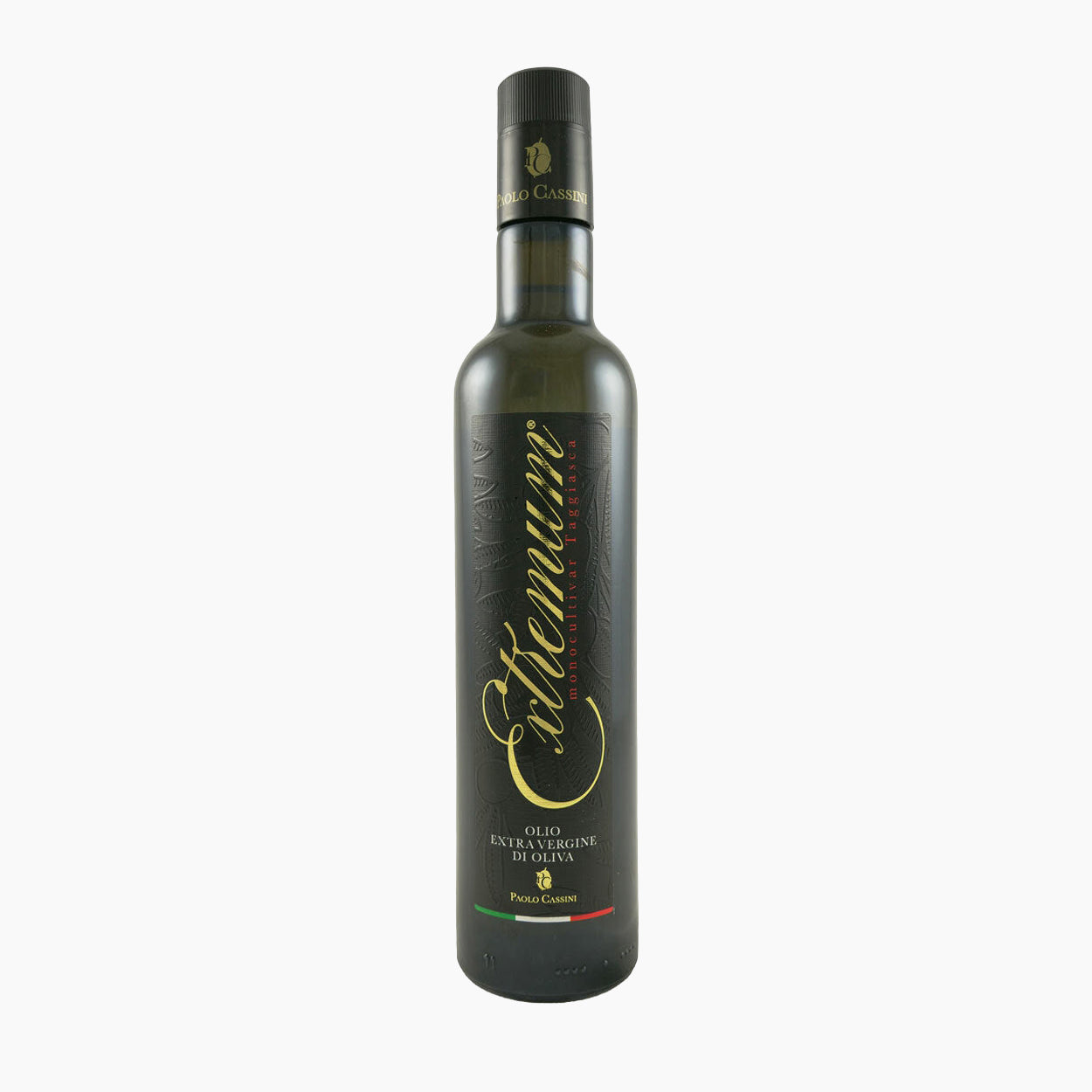 A 500 ml bottle of Paolo Cassini Taggiasca Extremum extra virgin olive oil from Liguria, Italy.