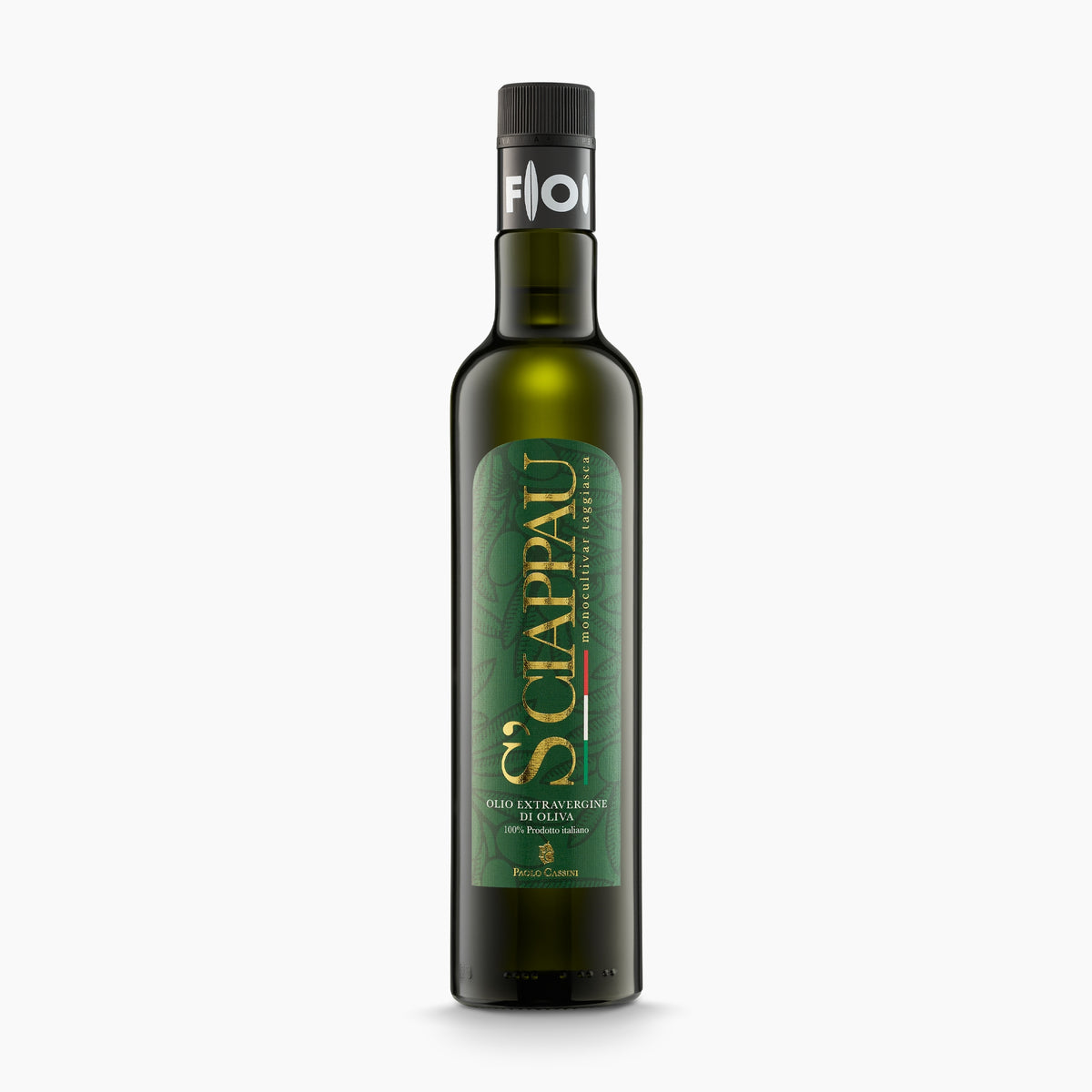 A 500 ml bottle of Paolo Cassini Taggiasca S'Ciappau extra virgin olive oil.