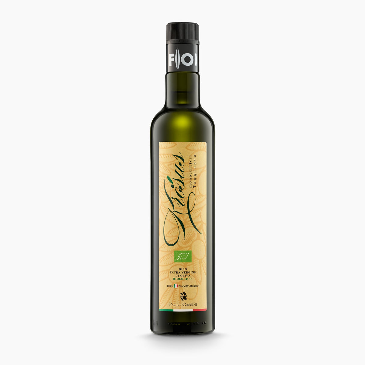 500 ml bottle of Paolo Cassini Krosus Organic Taggiasca extra virgin olive oil.