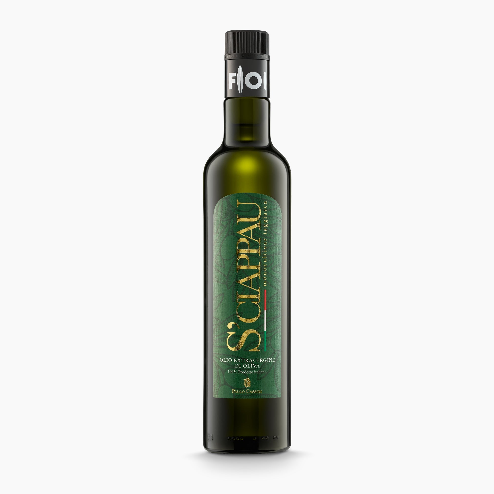 A 500 ml bottle of Paolo Cassini Taggiasca S'Ciappau extra virgin olive oil.