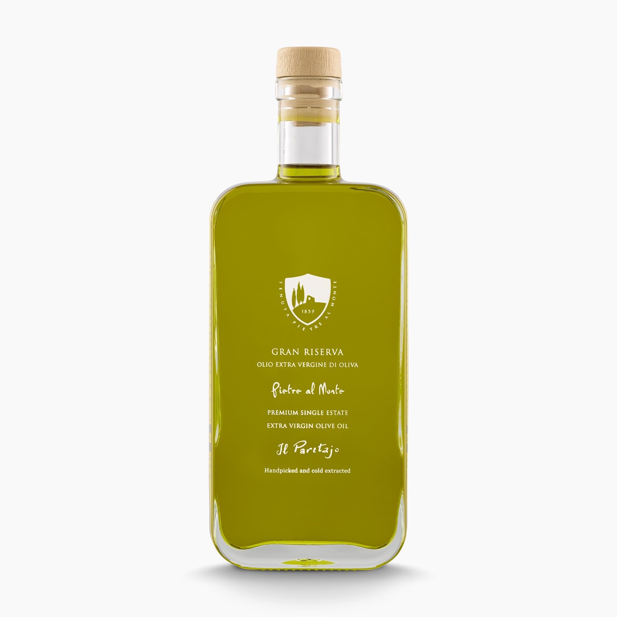 Pietre al Monte Gran Riserva 500ml extra virgin olive oil bottle from Tuscany, Italy.