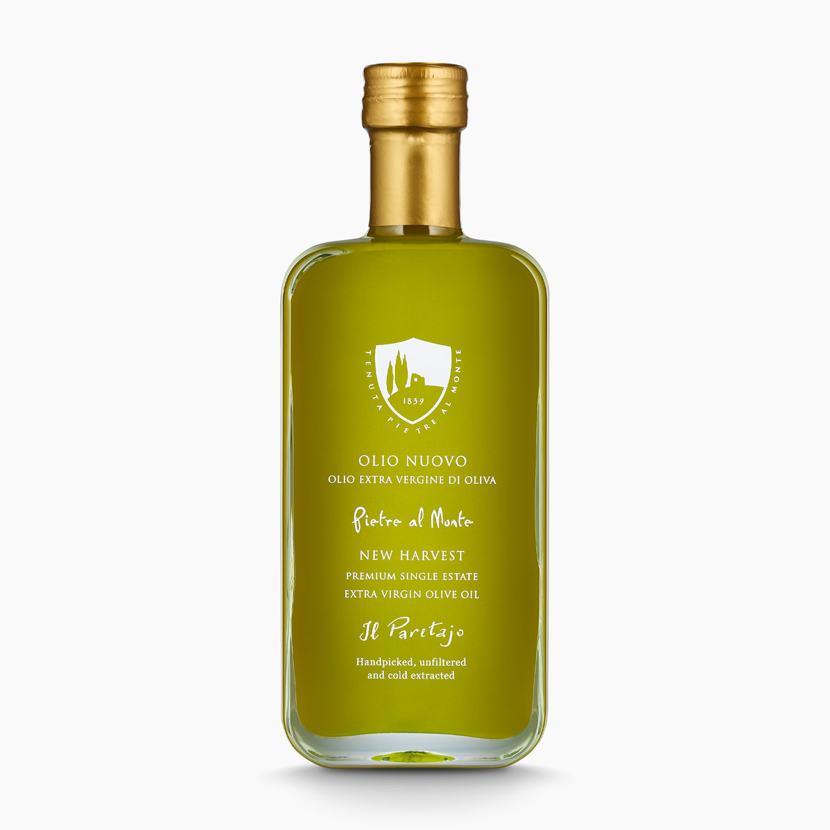250ml Pietre al Monte Olio Nuovo bottle with a gold cap.