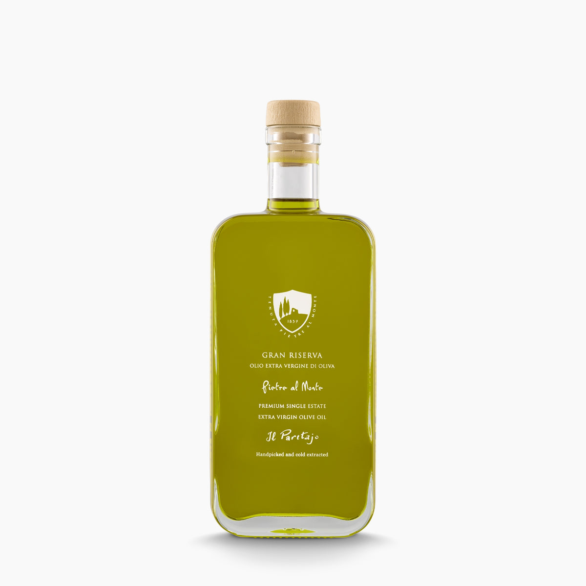 Pietre al Monte Gran Riserva 500ml extra virgin olive oil bottle from Tuscany, Italy.
