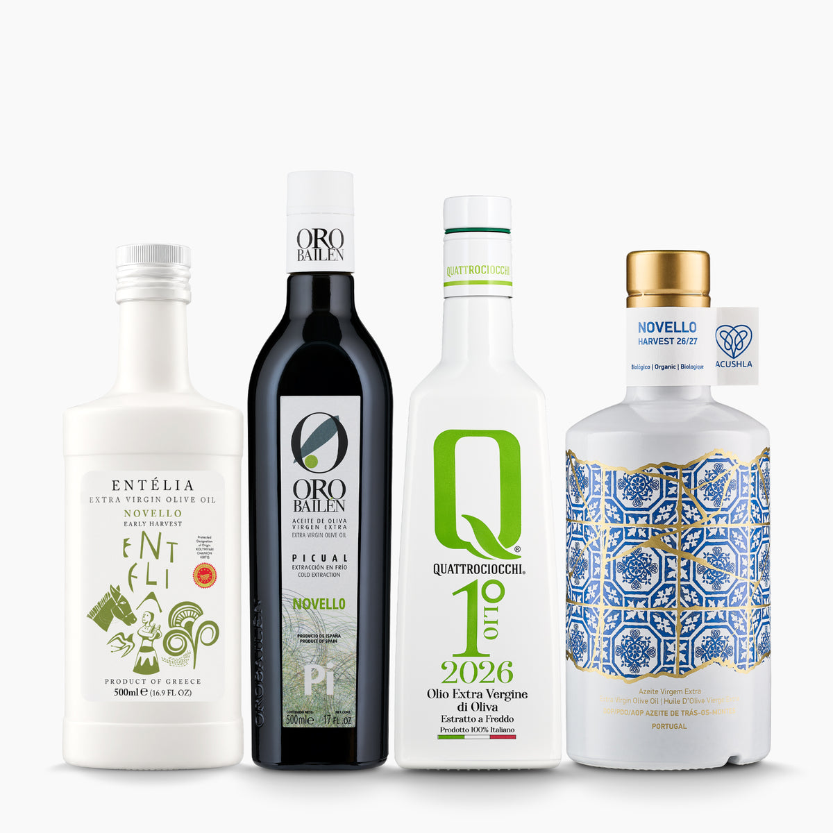 Four Mediterranean early harvest extra virgin olive oils from Entelia, Oro Bailen, Quattrociocchi, and Acushla.