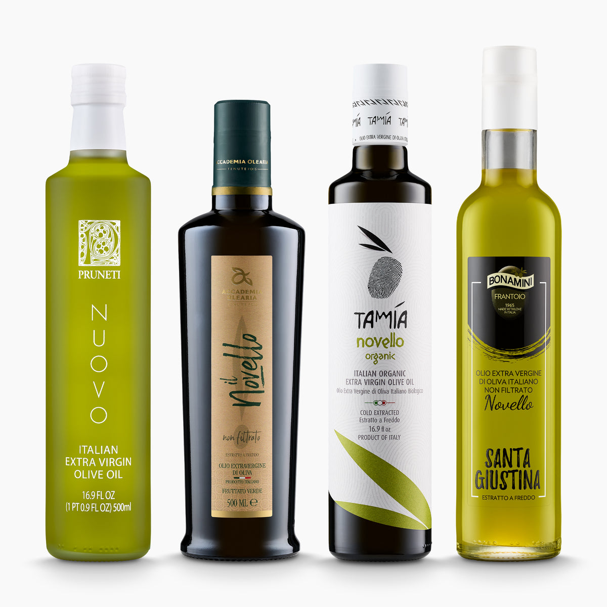 Four Italian early harvest extra virgin olive oils from Frantoio Pruneti, Accademia Olearia, Tamia, and Frantoio Bonamini.