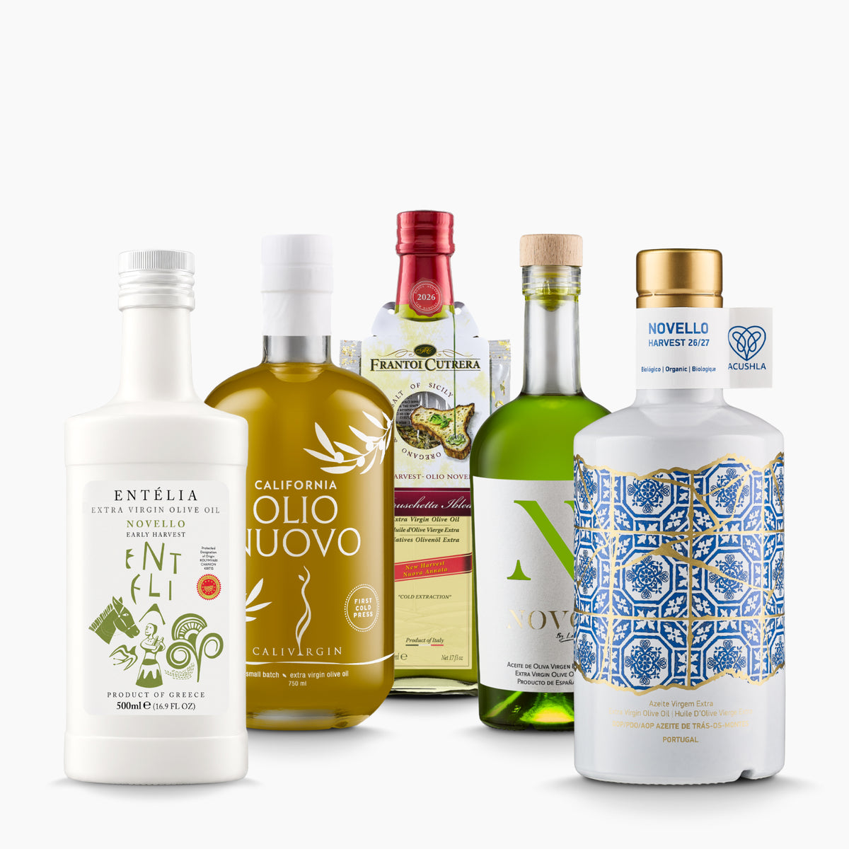 Five early harvest extra virgin olive oils from Entelia, Calivirgin, Frantoi Cutrera, Nobleza del Sur, and Acushla.